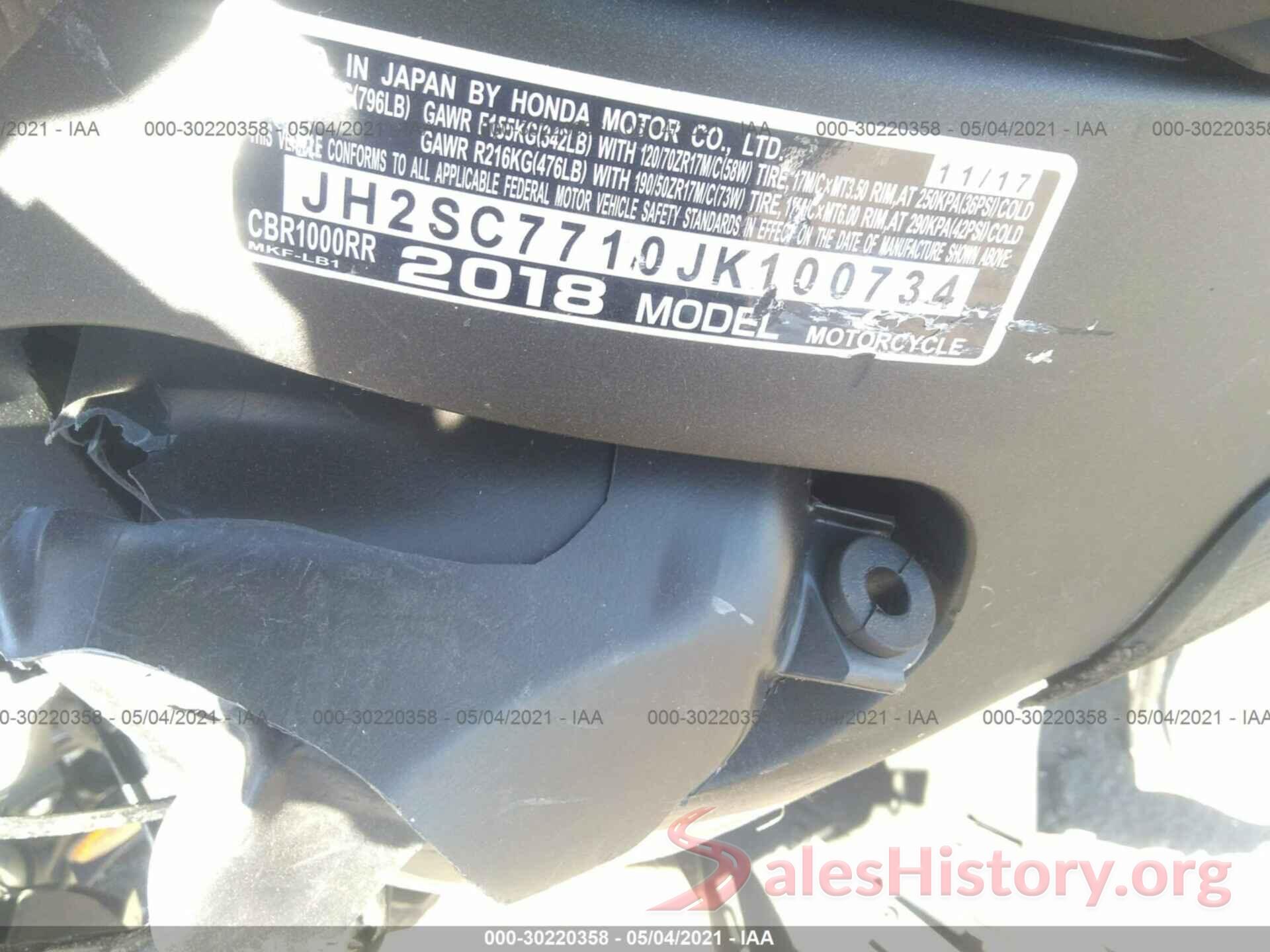 JH2SC7710JK100734 2018 HONDA CBR1000