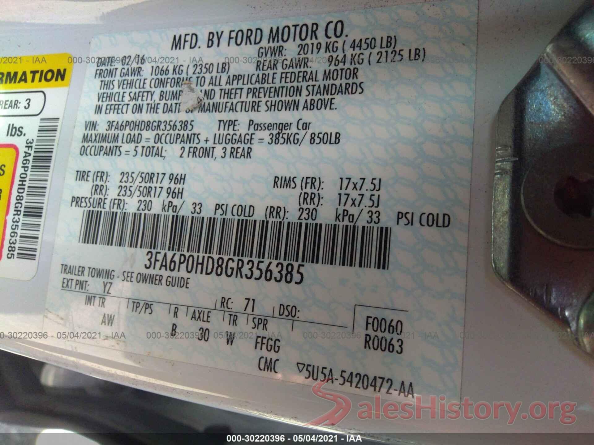 3FA6P0HD8GR356385 2016 FORD FUSION