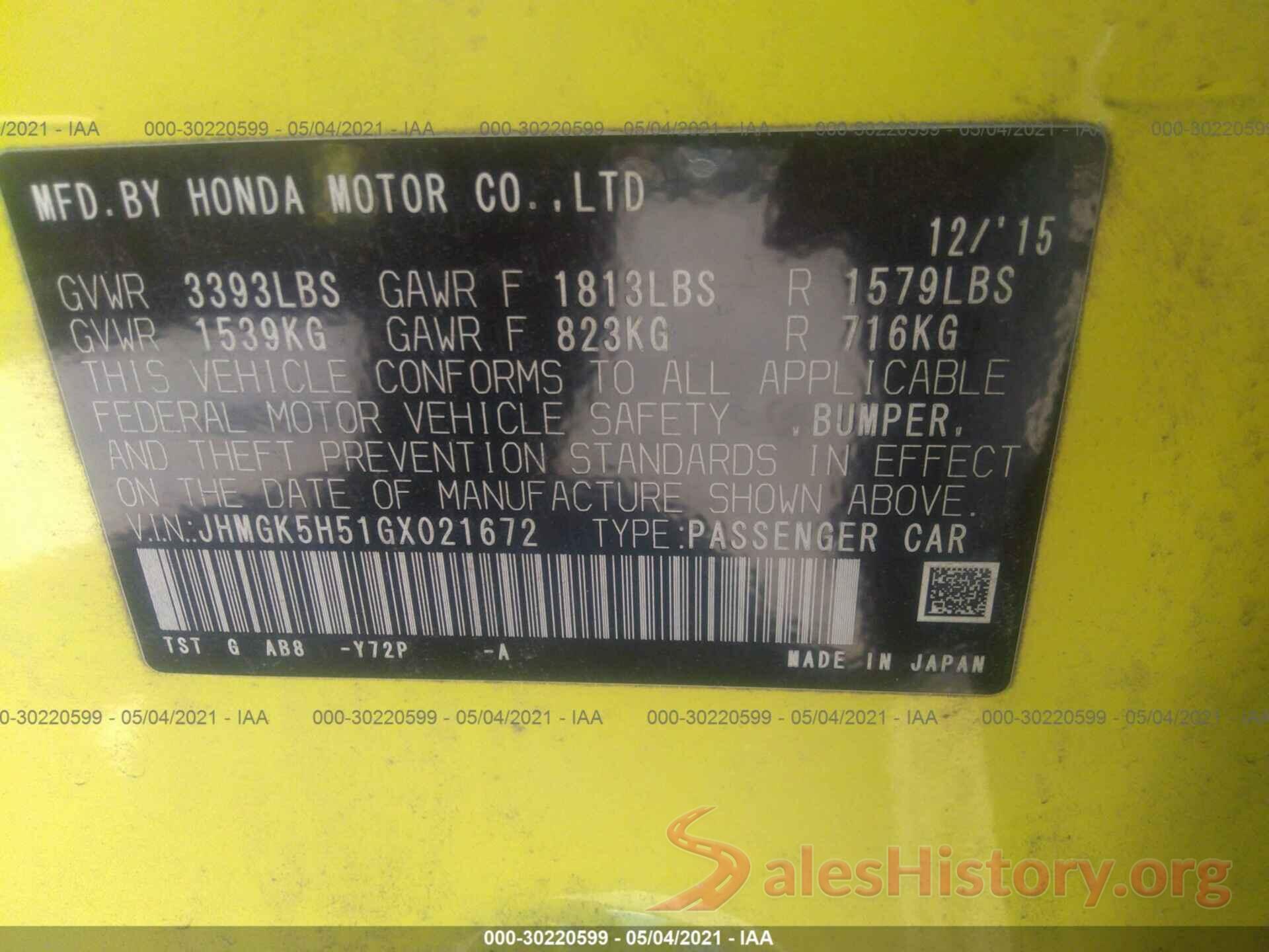 JHMGK5H51GX021672 2016 HONDA FIT