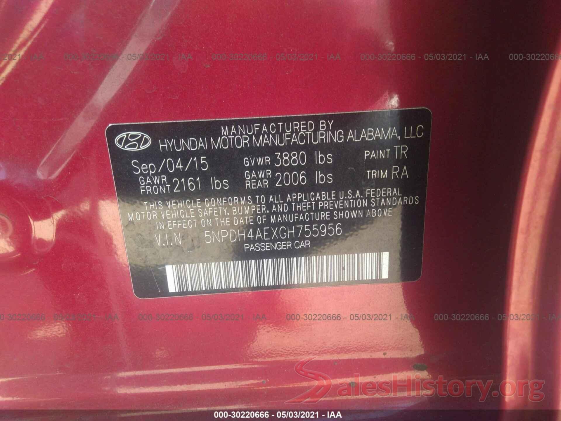 5NPDH4AEXGH755956 2016 HYUNDAI ELANTRA