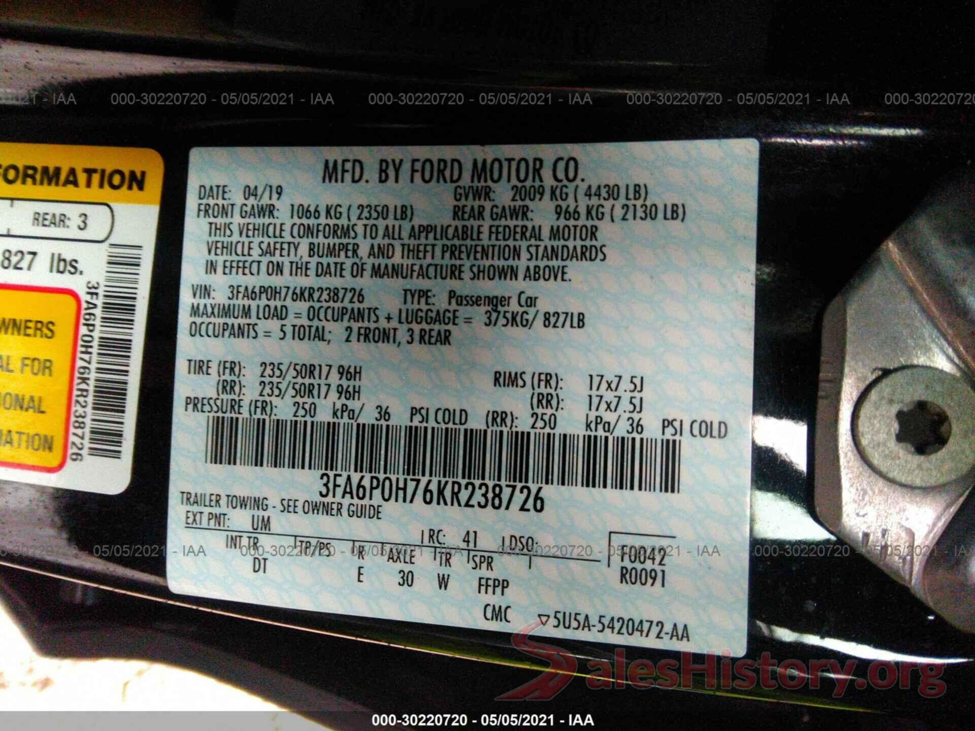 3FA6P0H76KR238726 2019 FORD FUSION