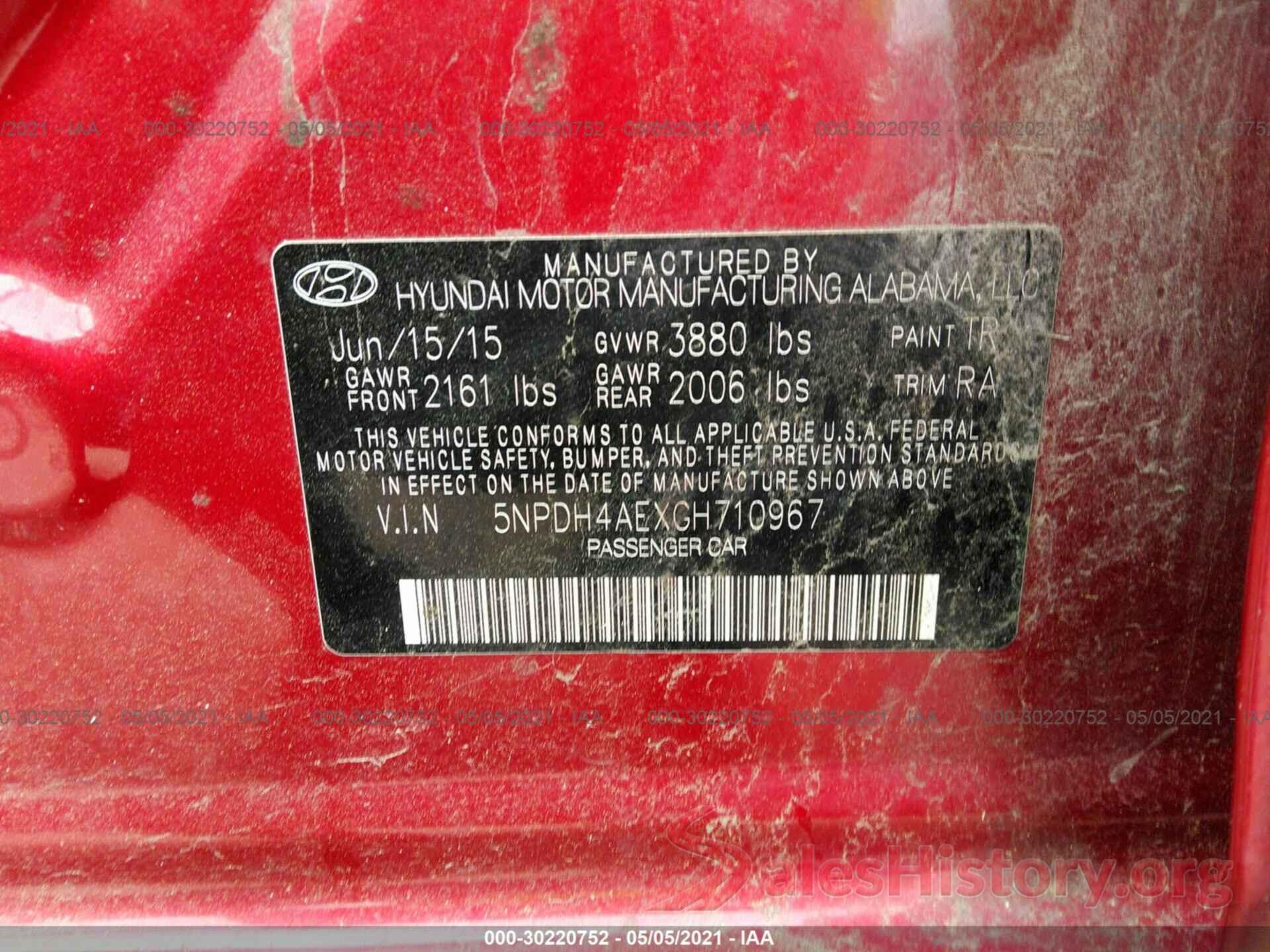 5NPDH4AEXGH710967 2016 HYUNDAI ELANTRA