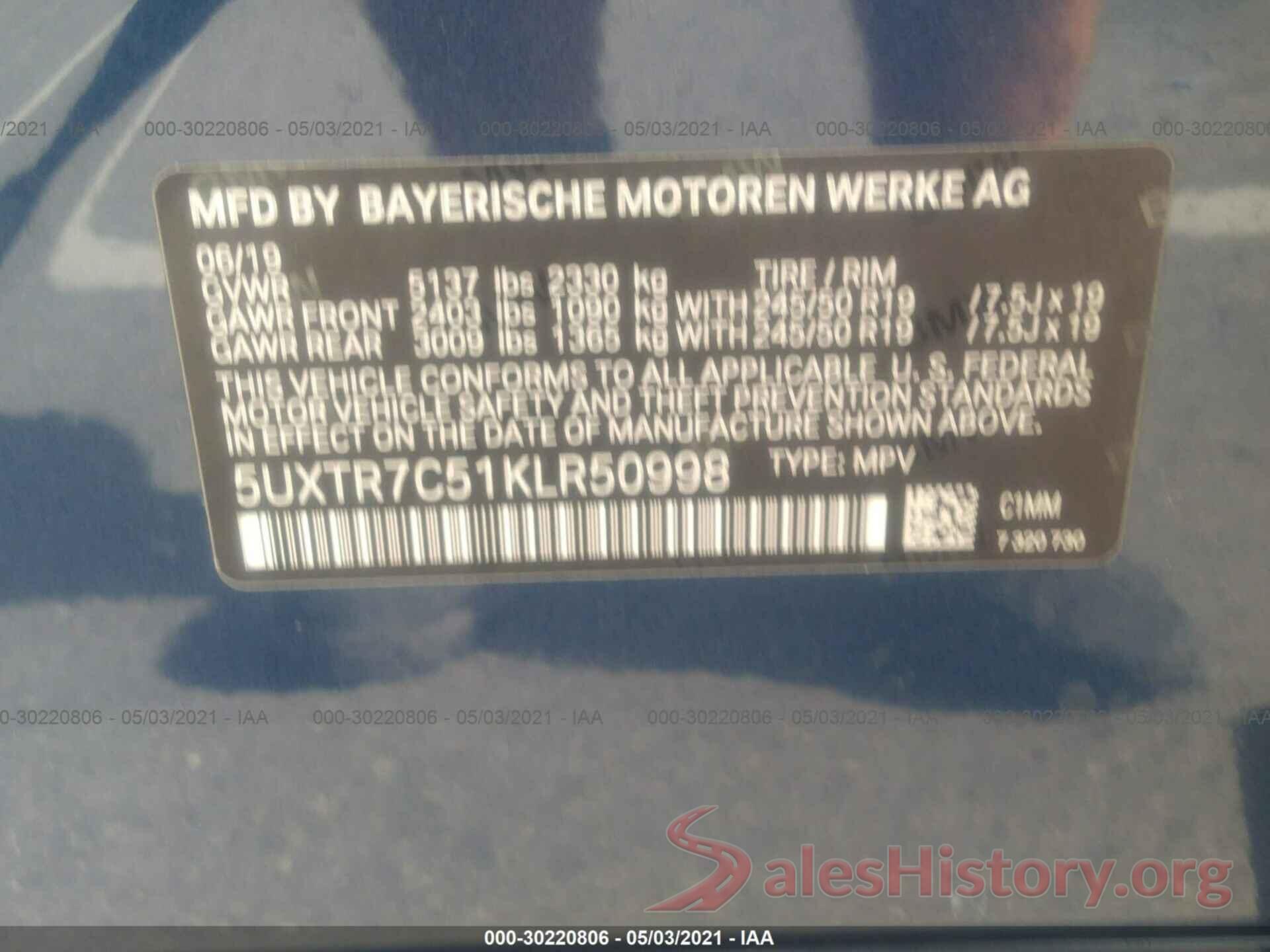 5UXTR7C51KLR50998 2019 BMW X3