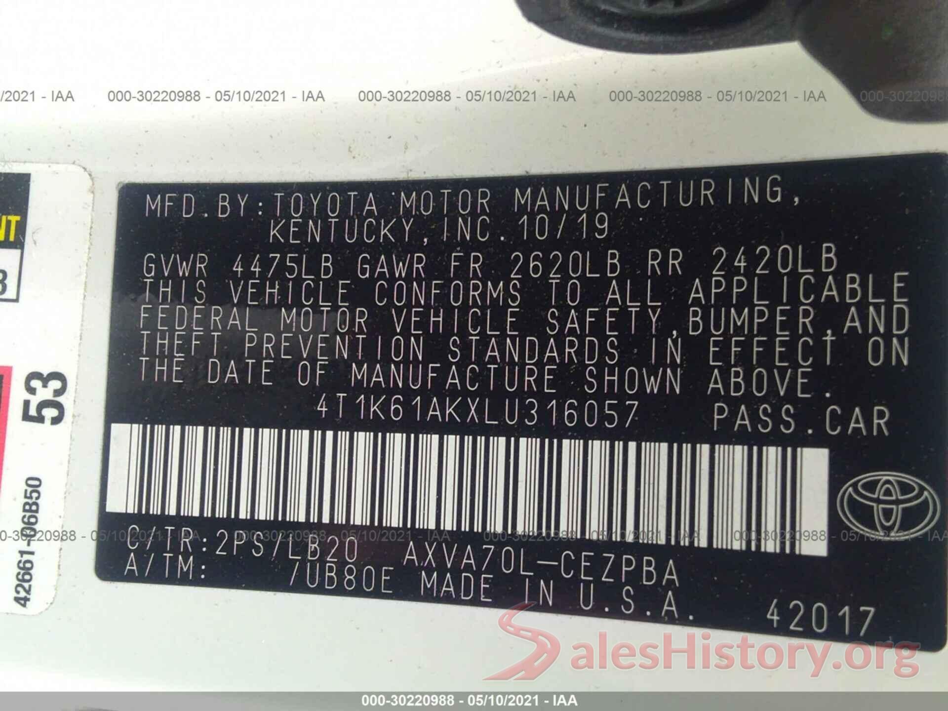 4T1K61AKXLU316057 2020 TOYOTA CAMRY