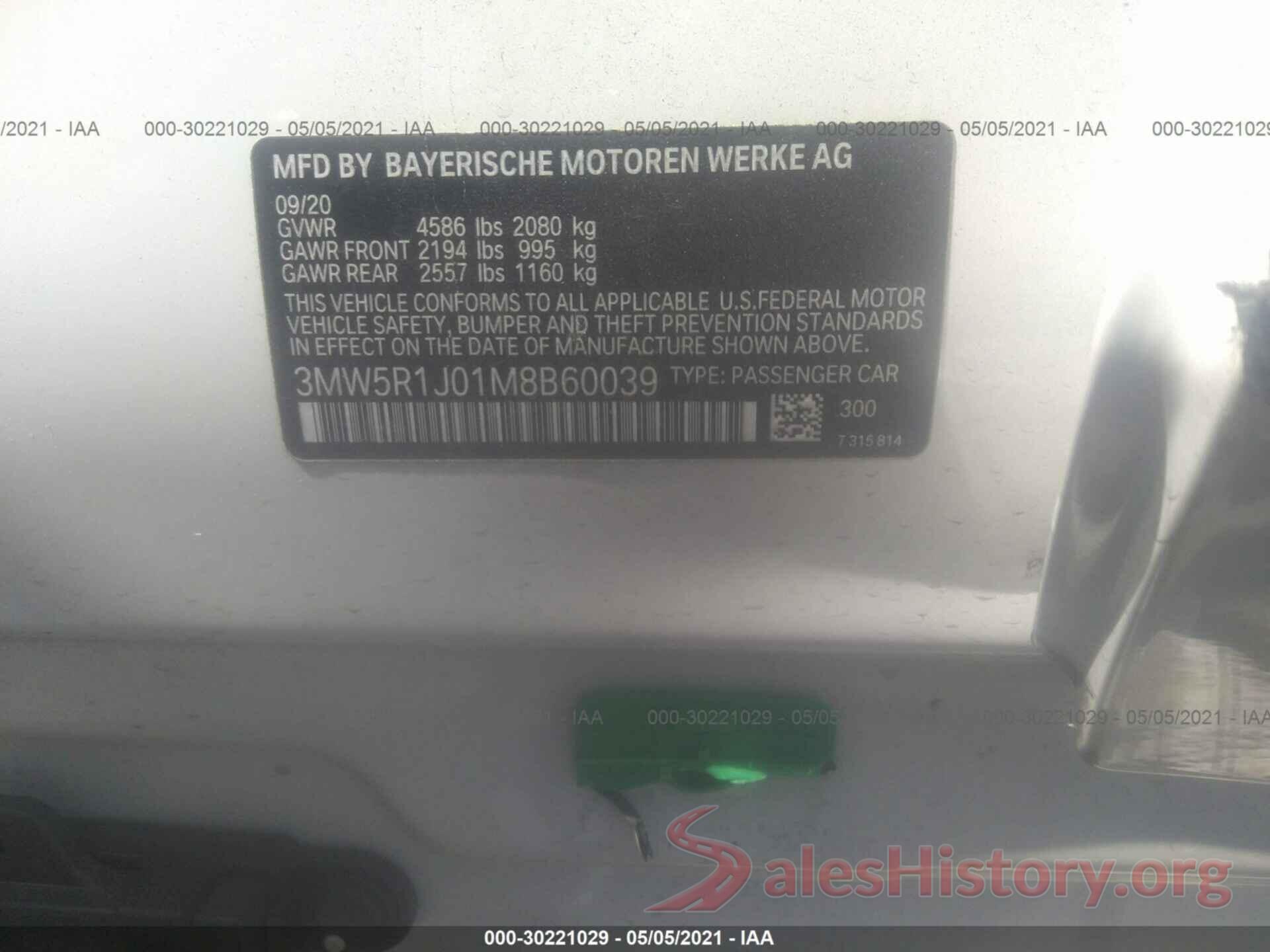 3MW5R1J01M8B60039 2021 BMW 3 SERIES