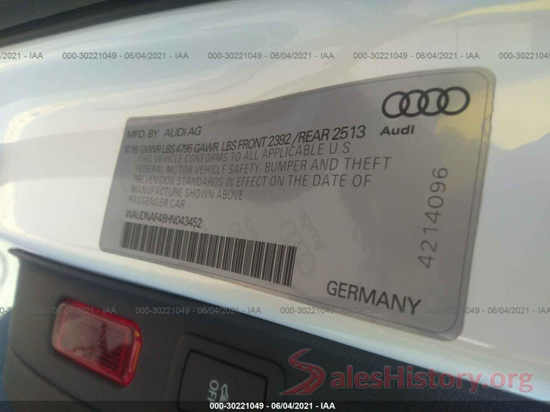 WAUDNAF48HN043452 2017 AUDI A4