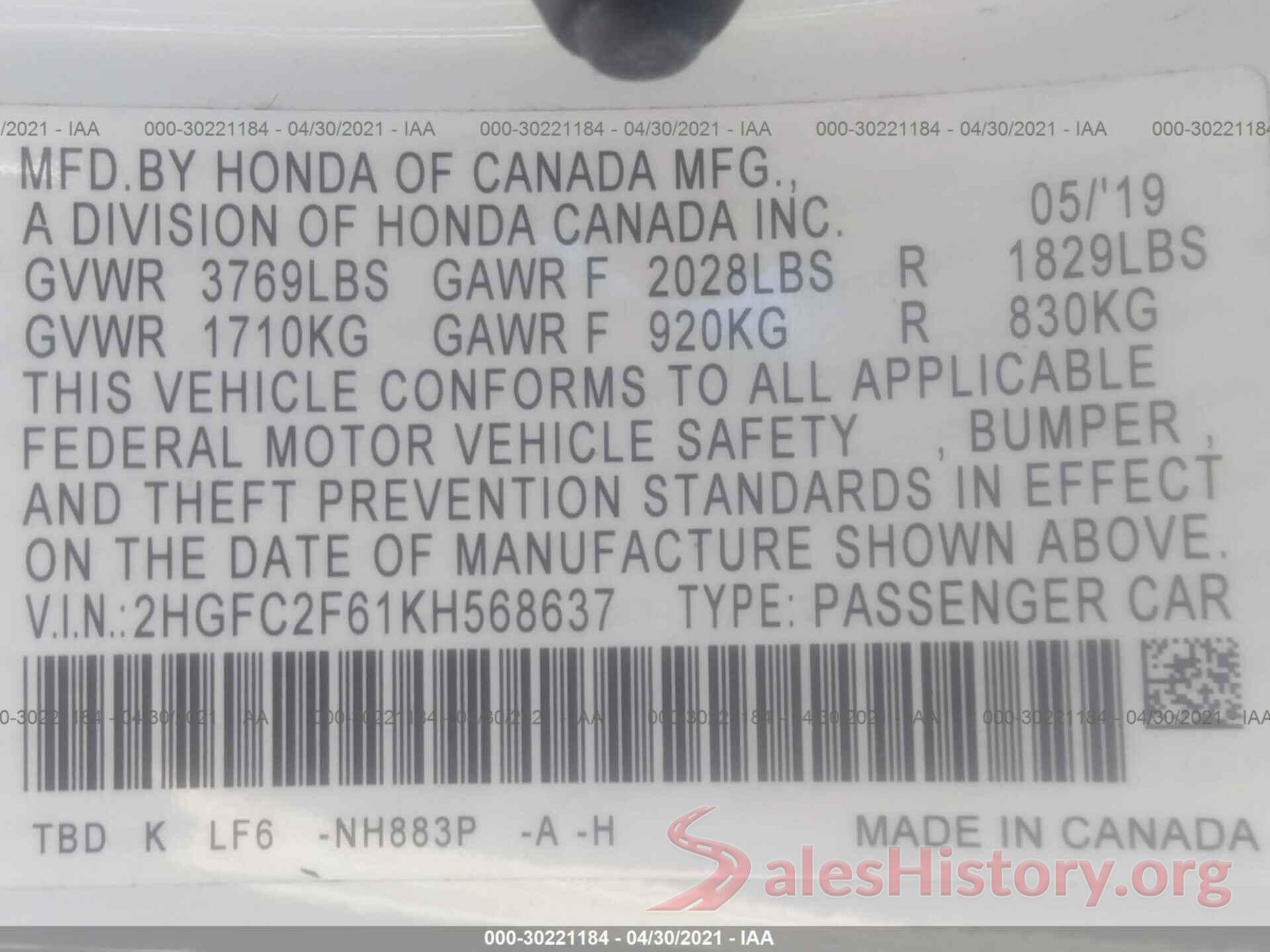 2HGFC2F61KH568637 2019 HONDA CIVIC SEDAN