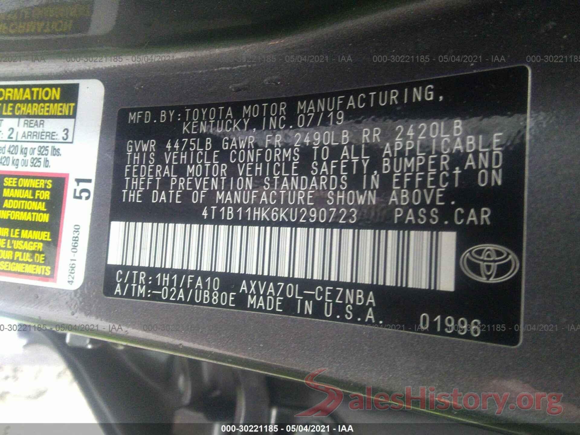 4T1B11HK6KU290723 2019 TOYOTA CAMRY