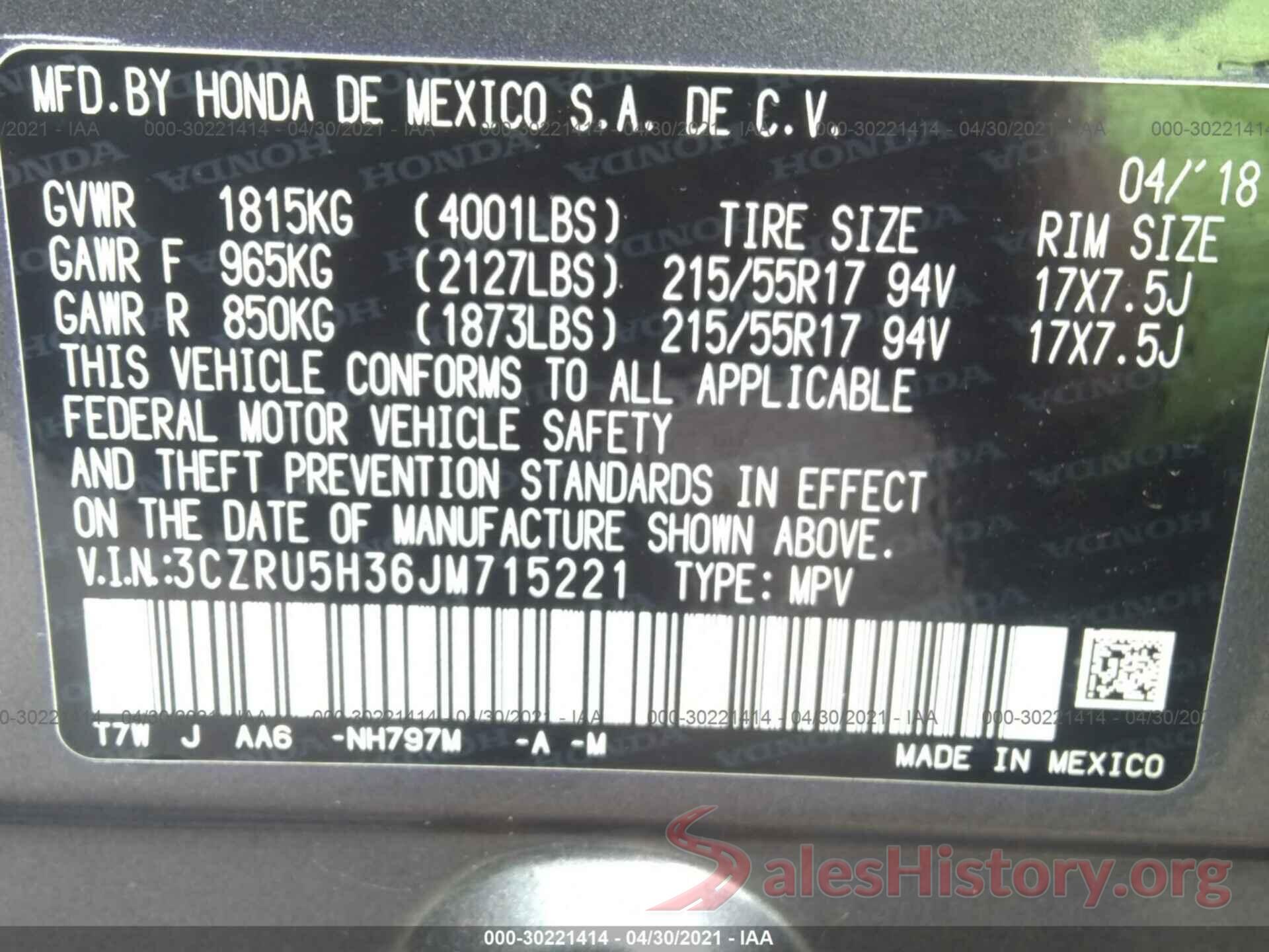 3CZRU5H36JM715221 2018 HONDA HR-V