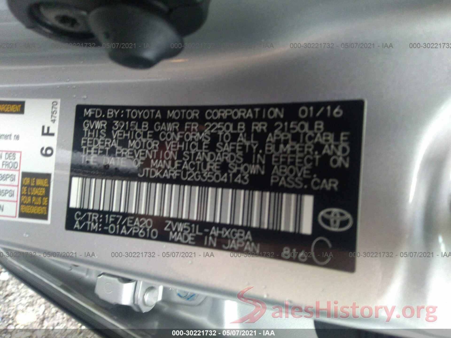 JTDKARFU2G3504143 2016 TOYOTA PRIUS