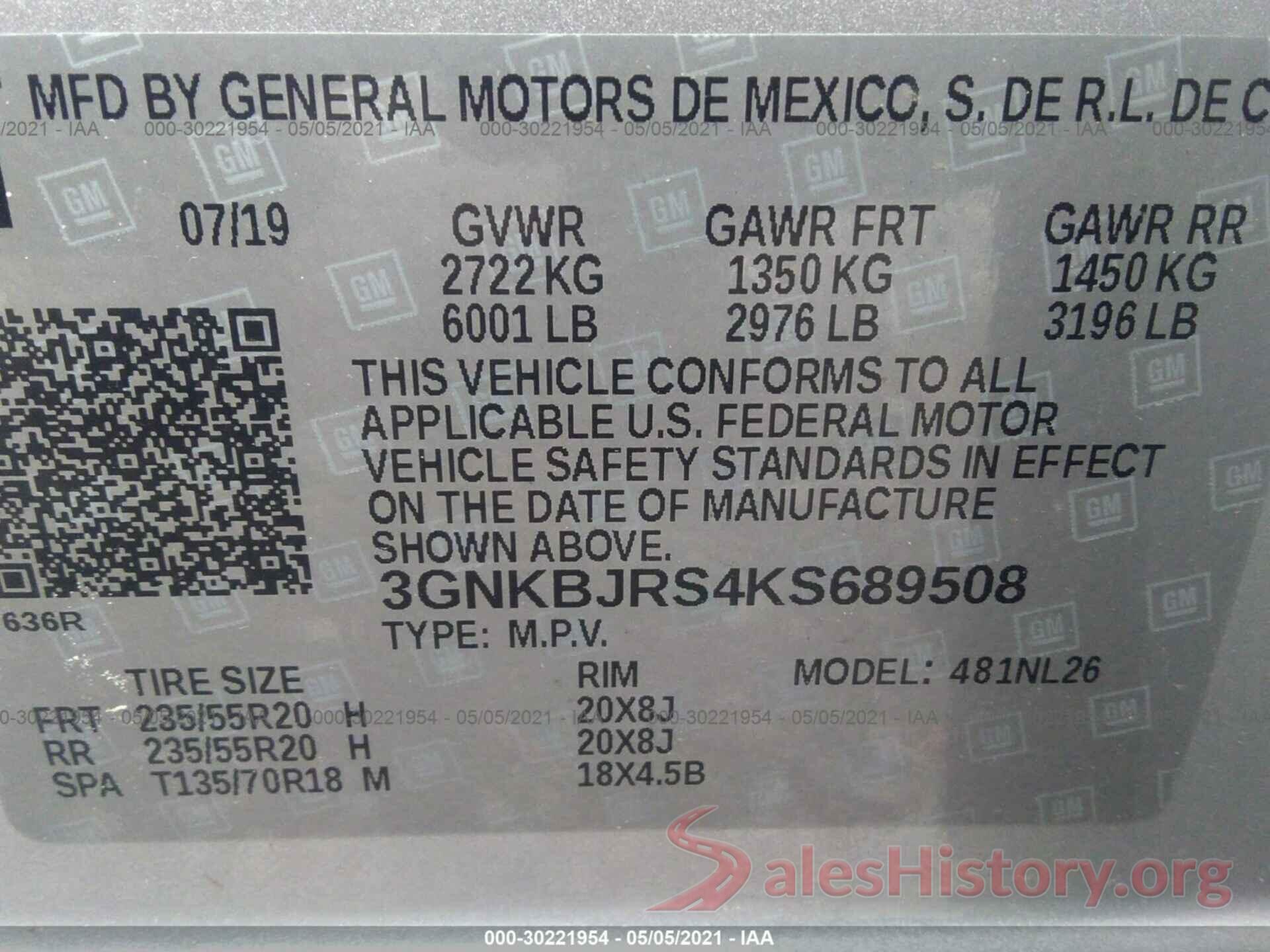 3GNKBJRS4KS689508 2019 CHEVROLET BLAZER