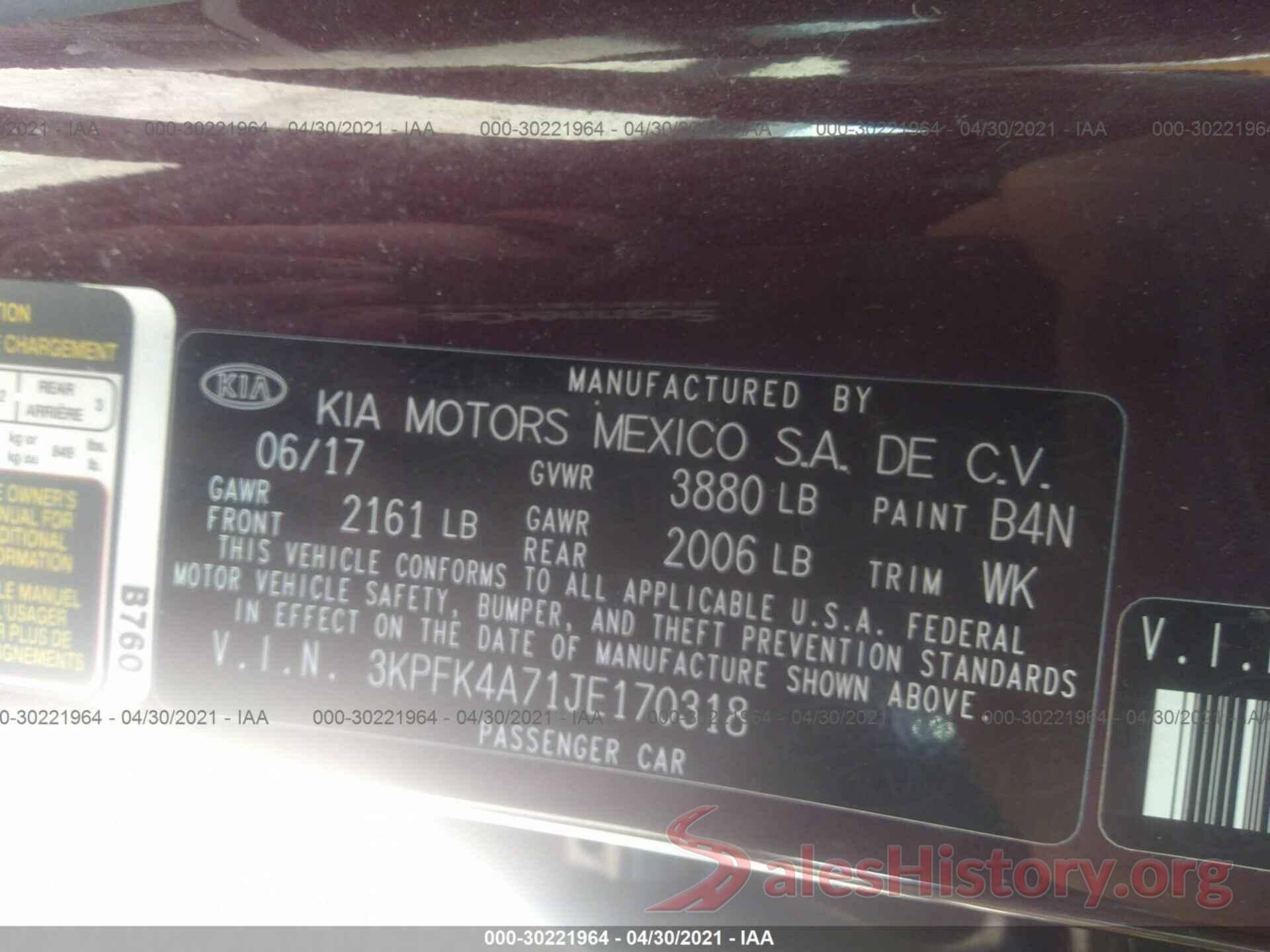 3KPFK4A71JE170318 2018 KIA FORTE