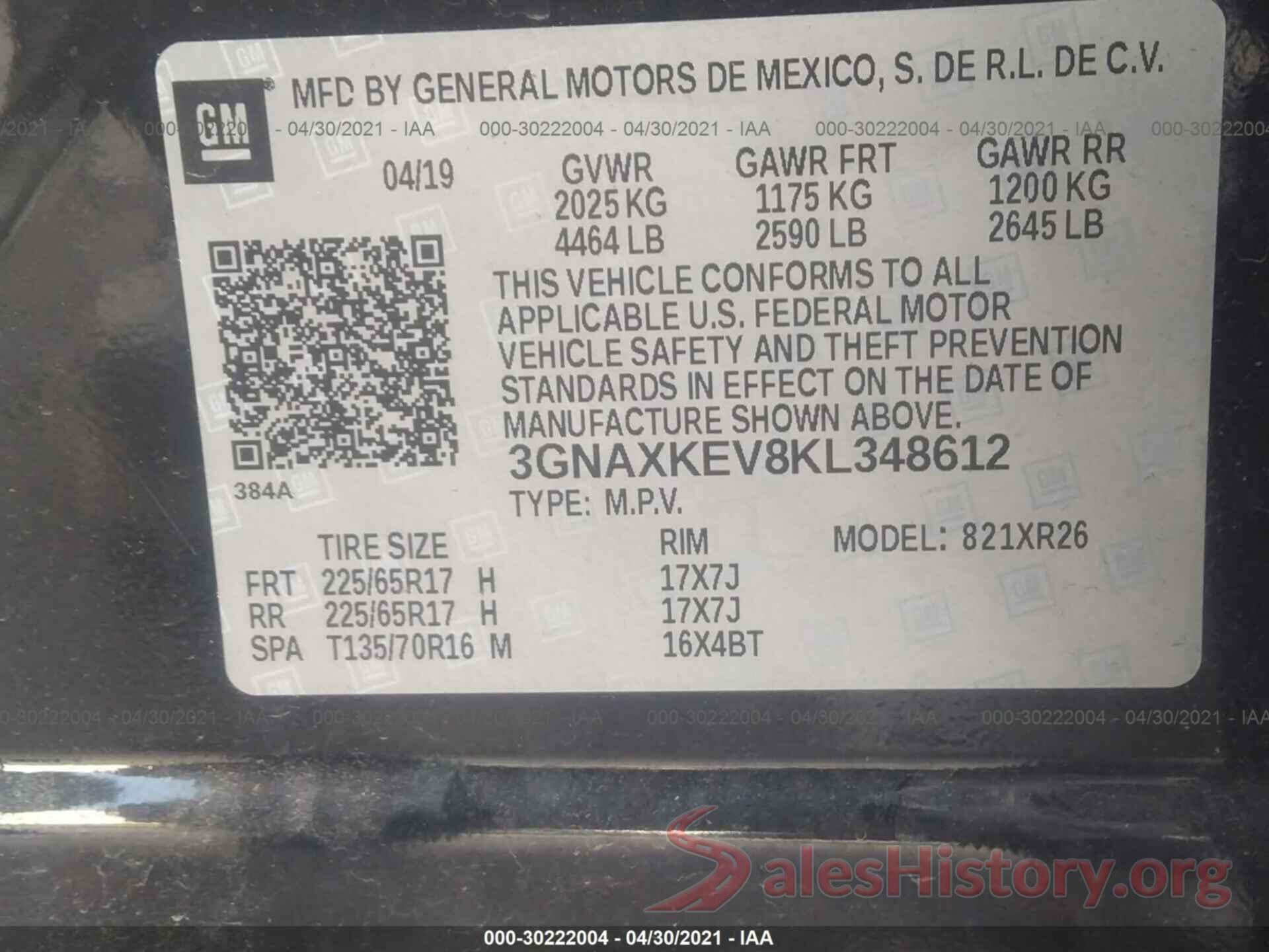 3GNAXKEV8KL348612 2019 CHEVROLET EQUINOX