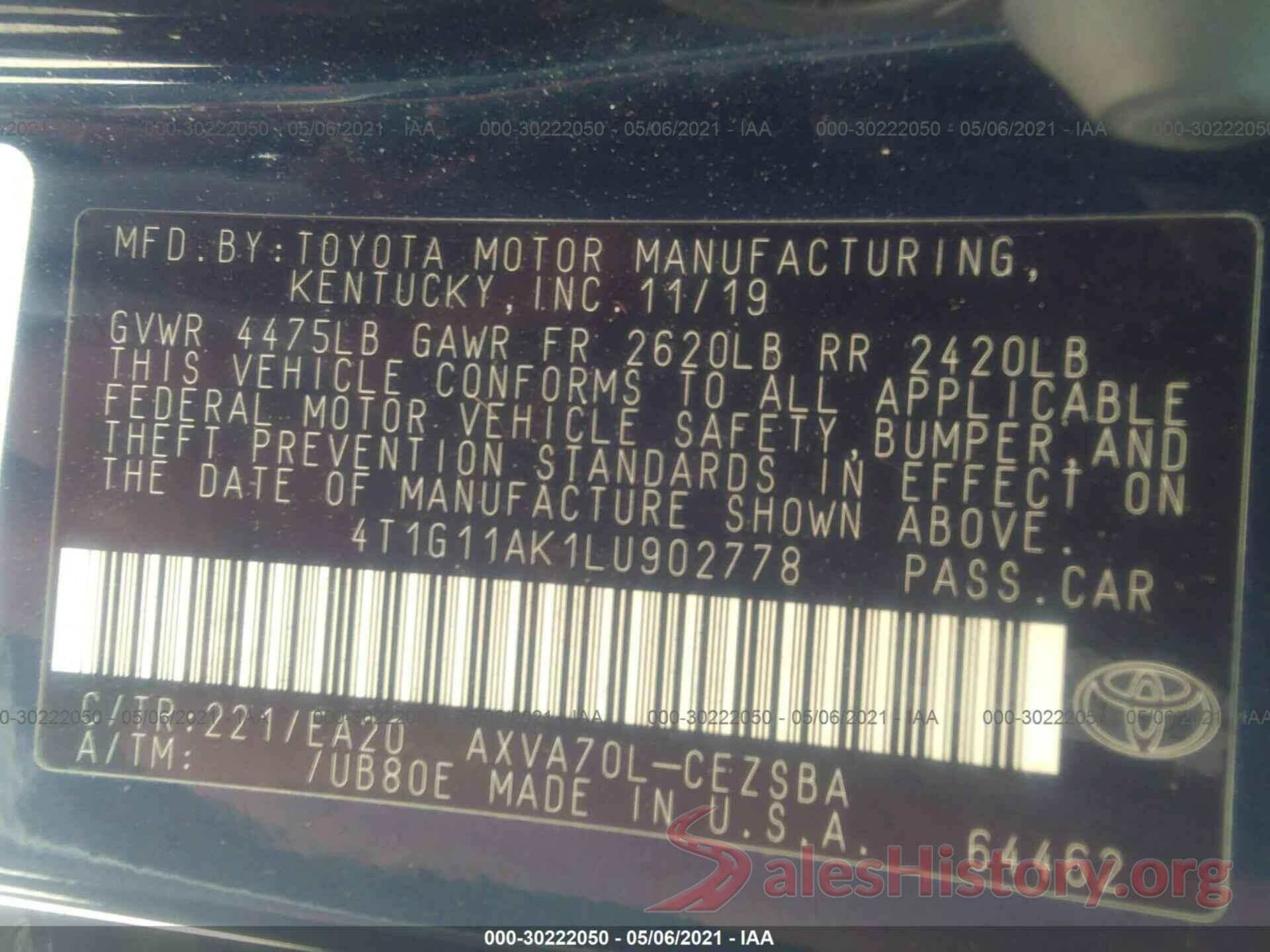 4T1G11AK1LU902778 2020 TOYOTA CAMRY