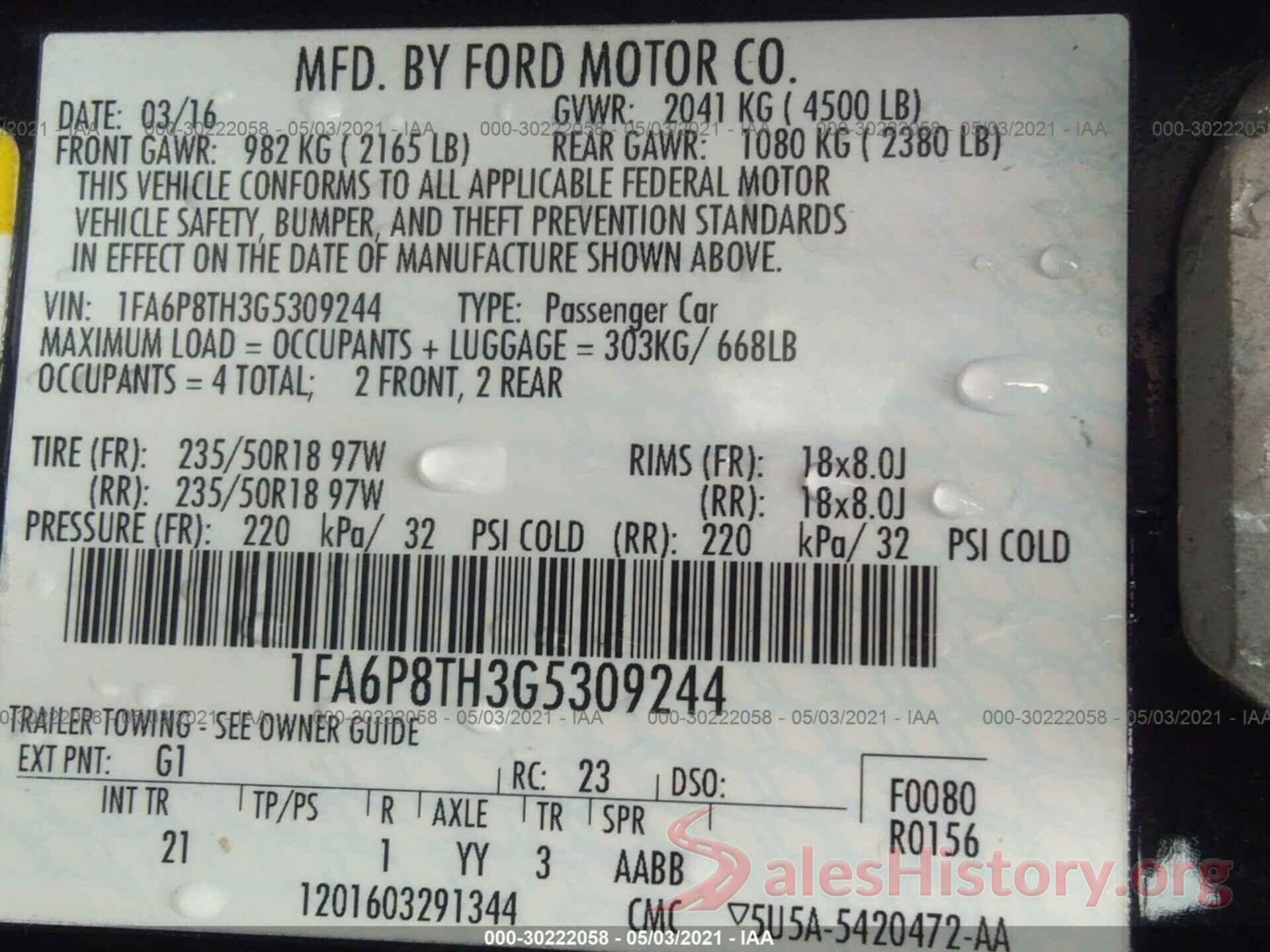 1FA6P8TH3G5309244 2016 FORD MUSTANG