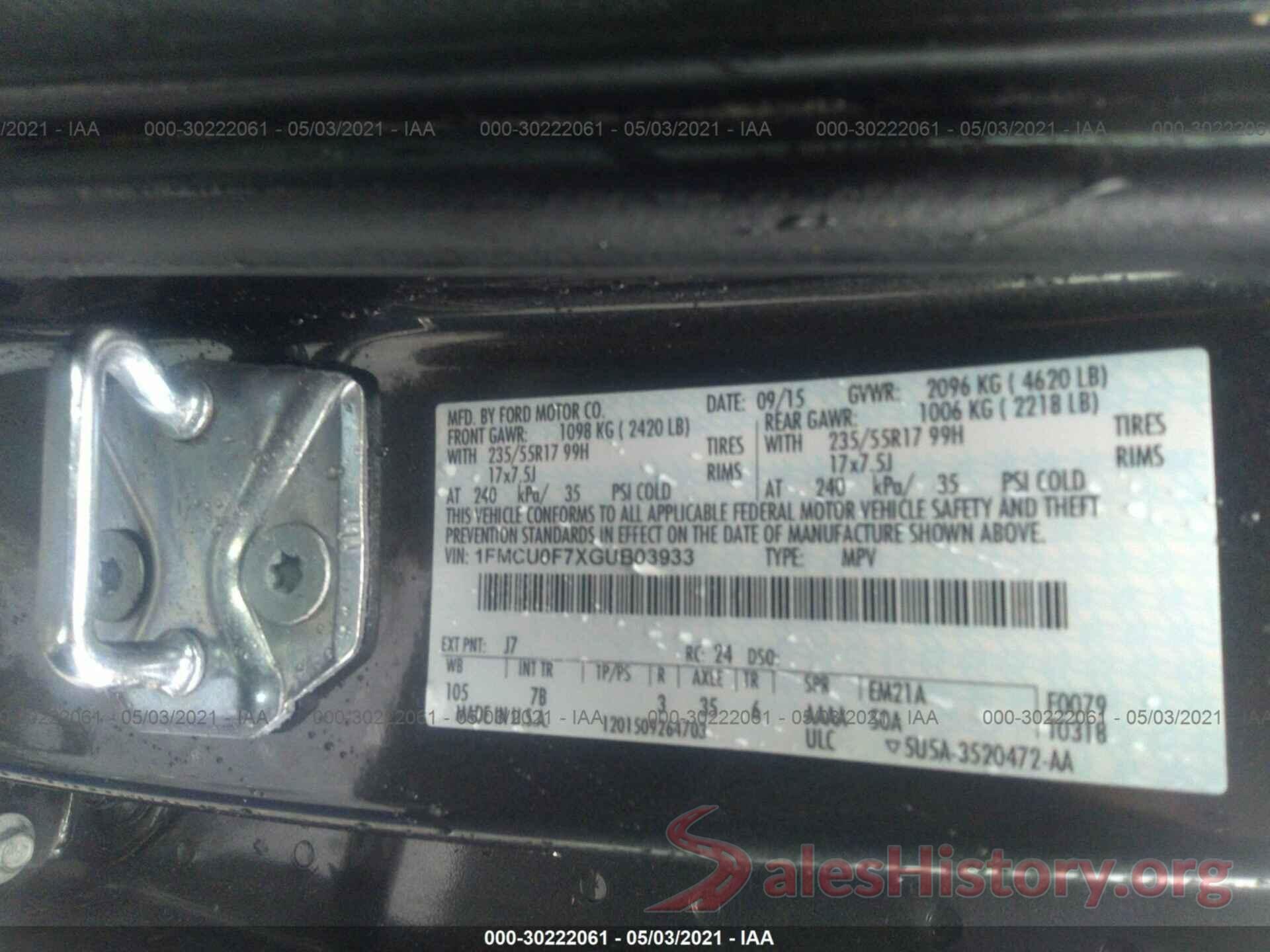 1FMCU0F7XGUB03933 2016 FORD ESCAPE