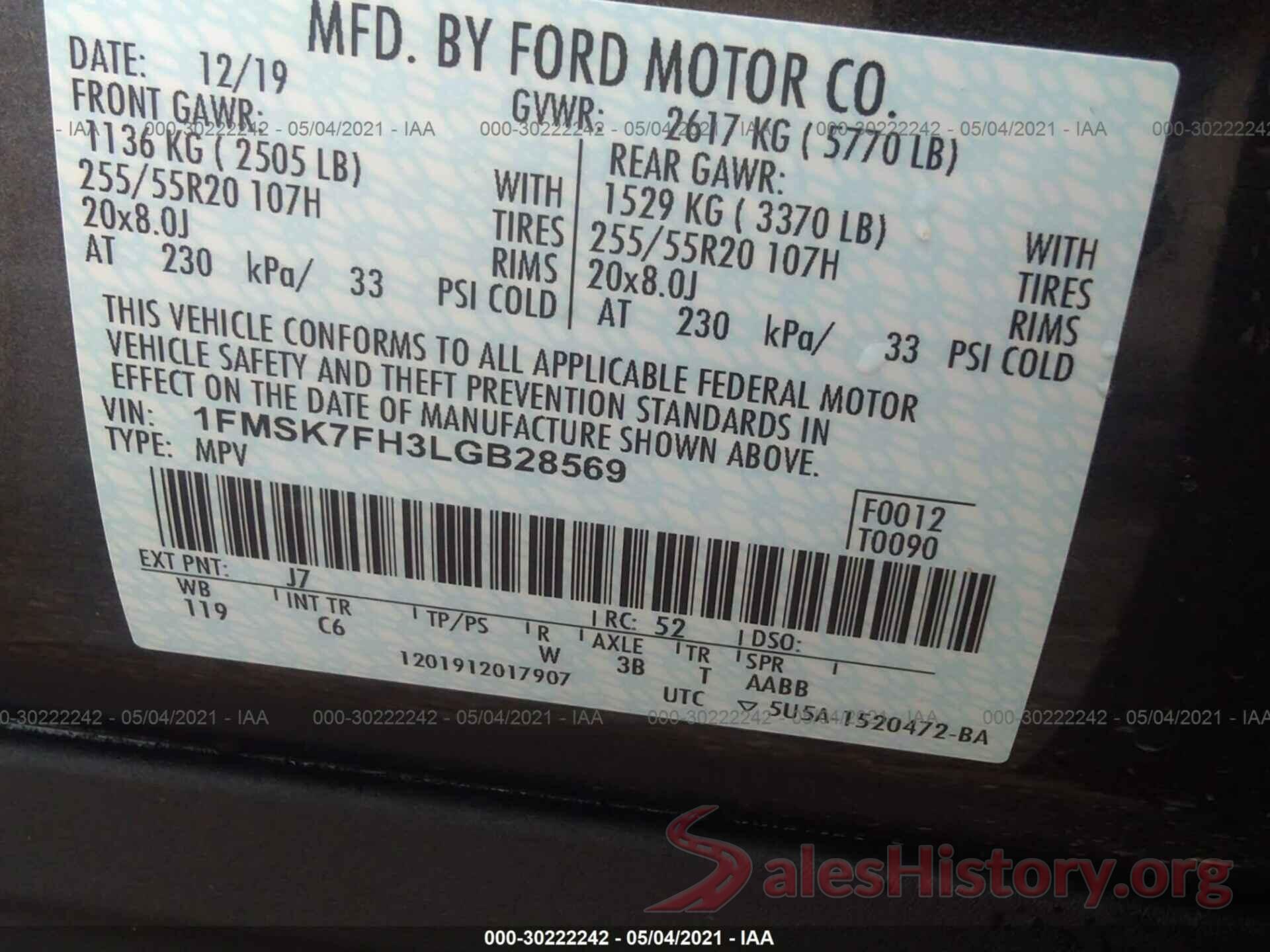 1FMSK7FH3LGB28569 2020 FORD EXPLORER