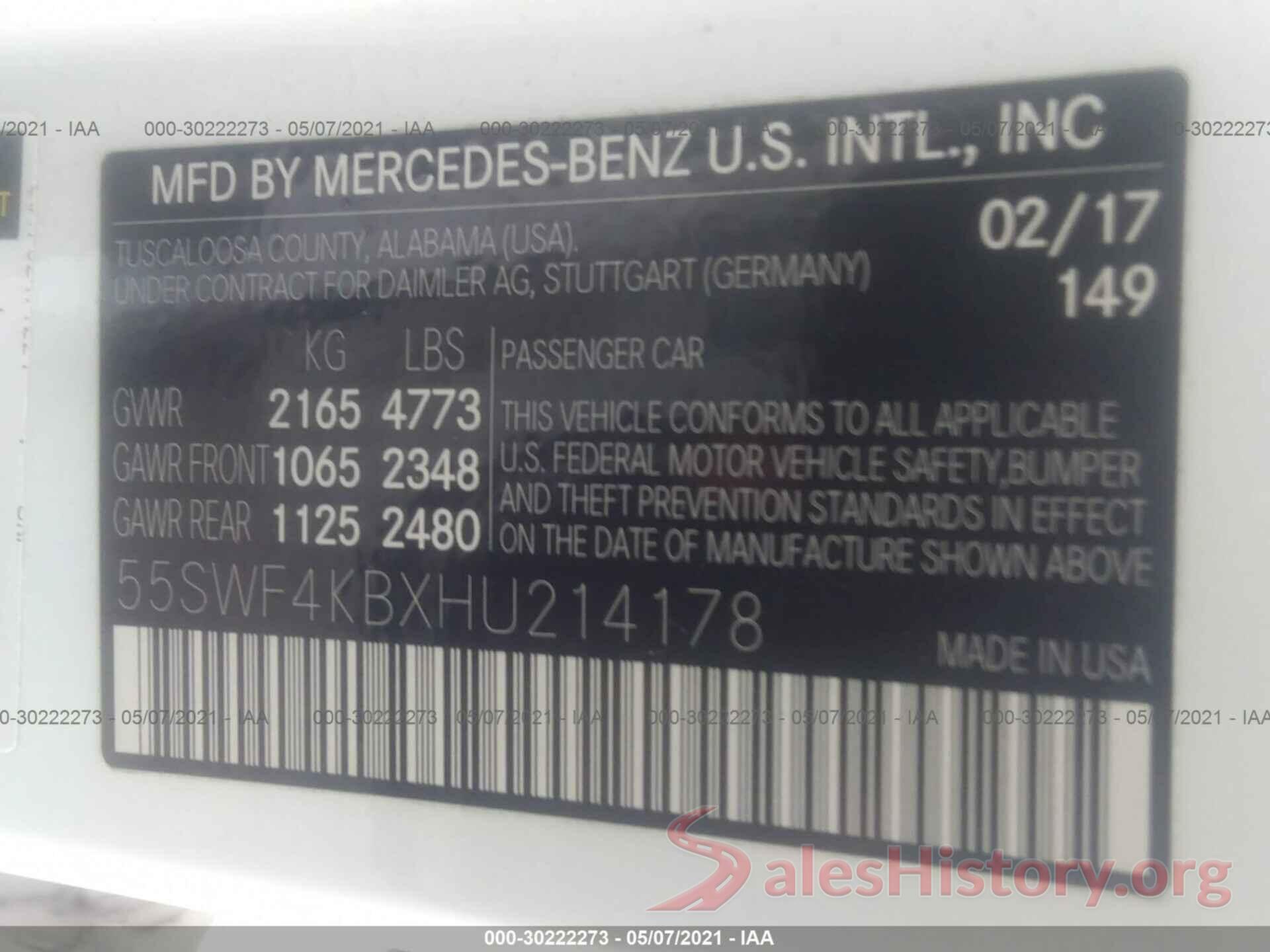 55SWF4KBXHU214178 2017 MERCEDES-BENZ C-CLASS