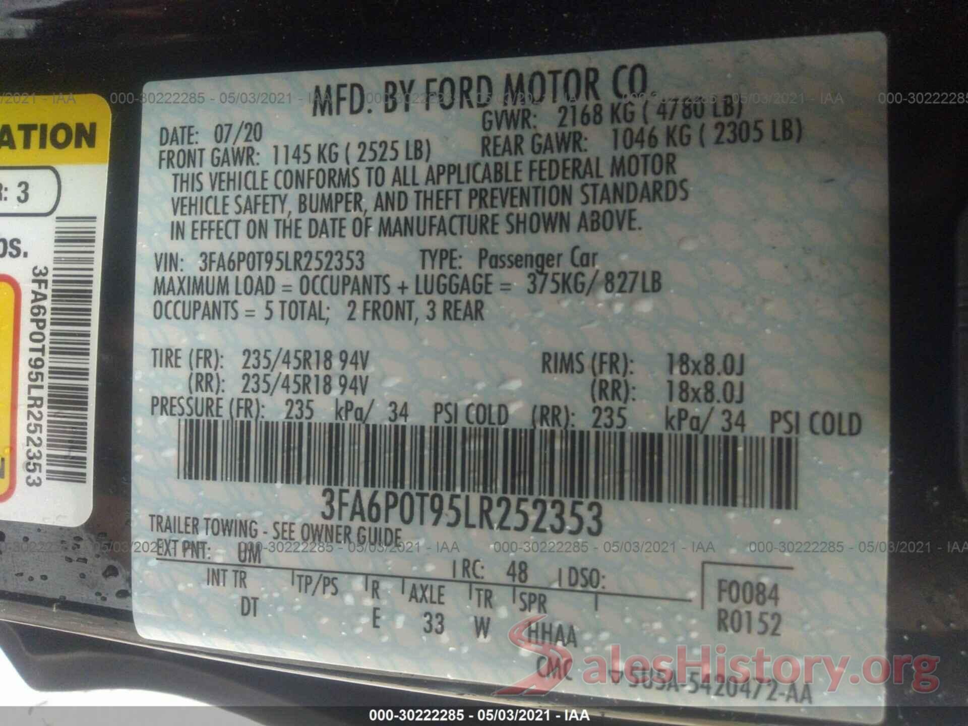 3FA6P0T95LR252353 2020 FORD FUSION