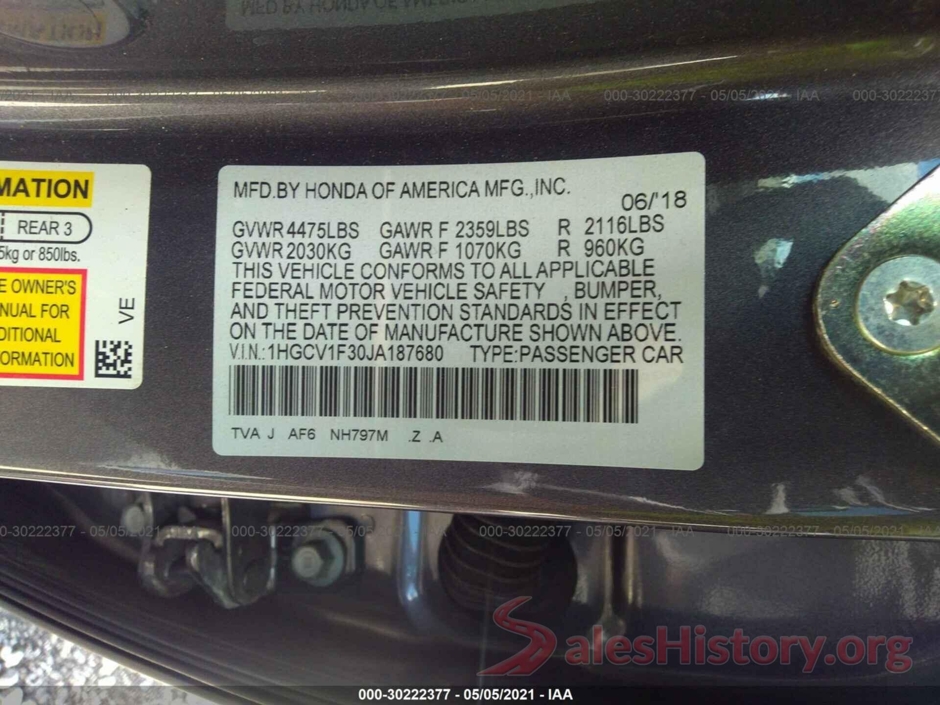 1HGCV1F30JA187680 2018 HONDA ACCORD SEDAN