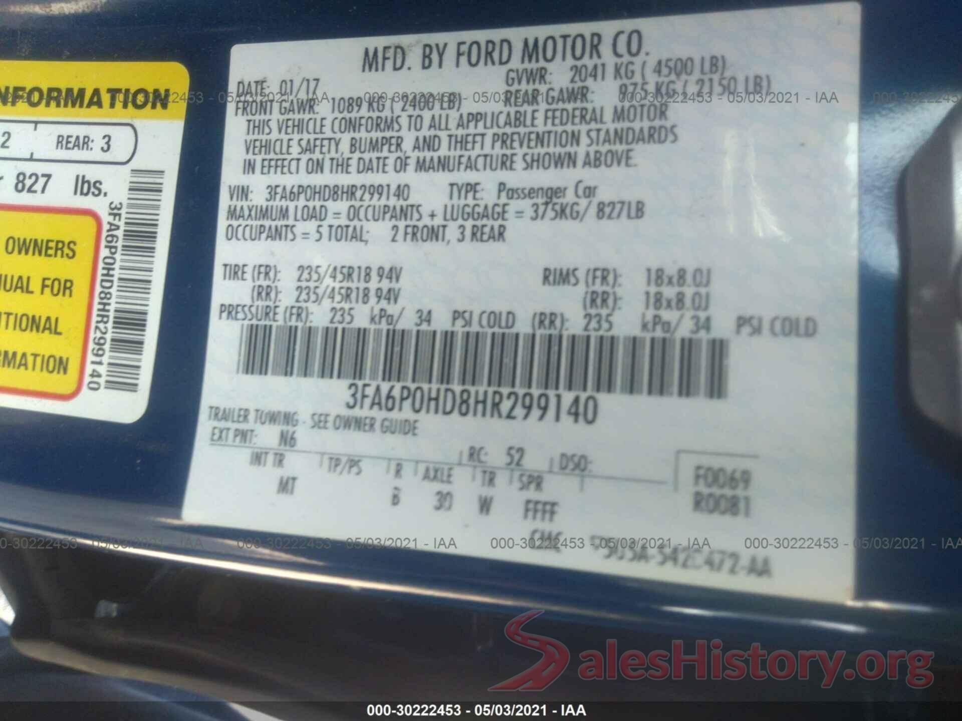 3FA6P0HD8HR299140 2017 FORD FUSION