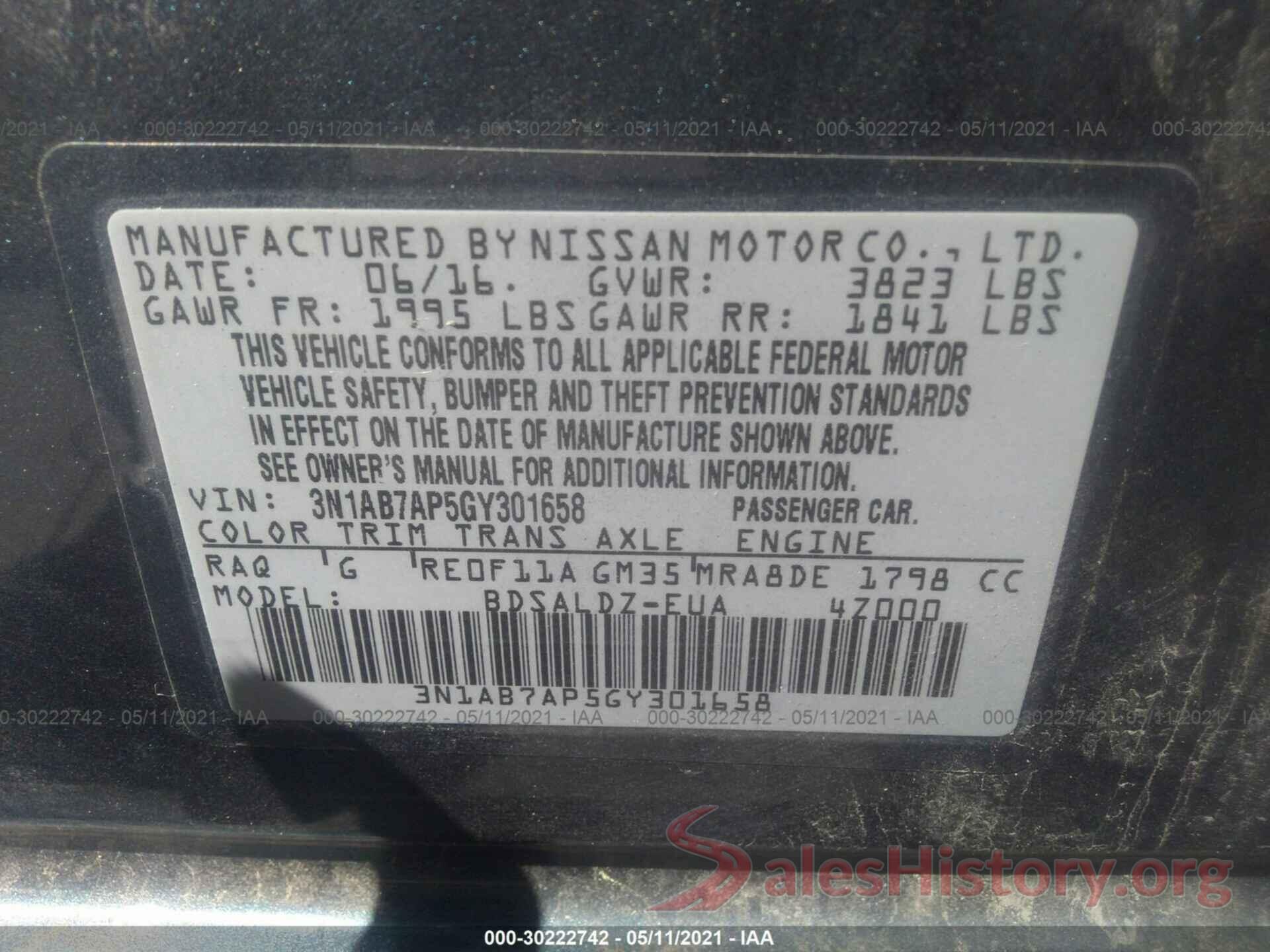 3N1AB7AP5GY301658 2016 NISSAN SENTRA