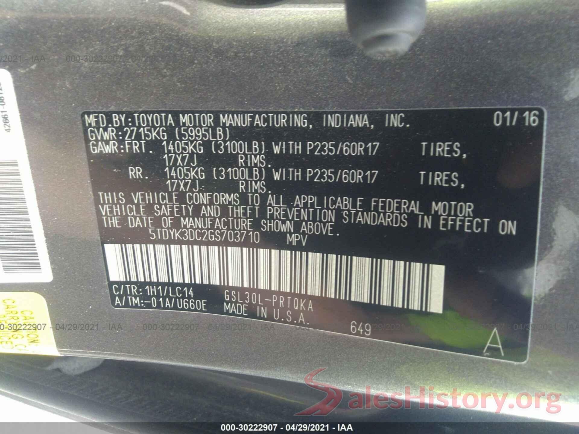 5TDYK3DC2GS703710 2016 TOYOTA SIENNA