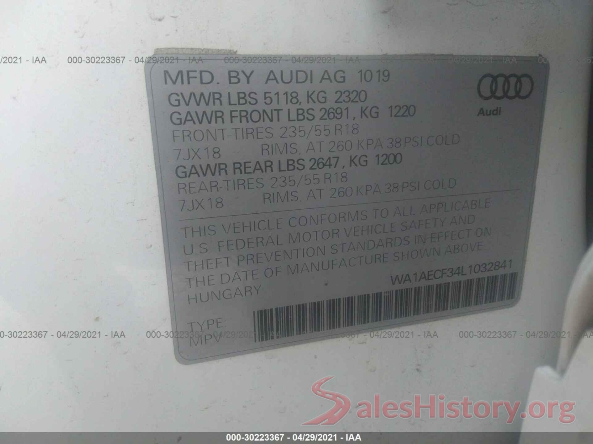 WA1AECF34L1032841 2020 AUDI Q3