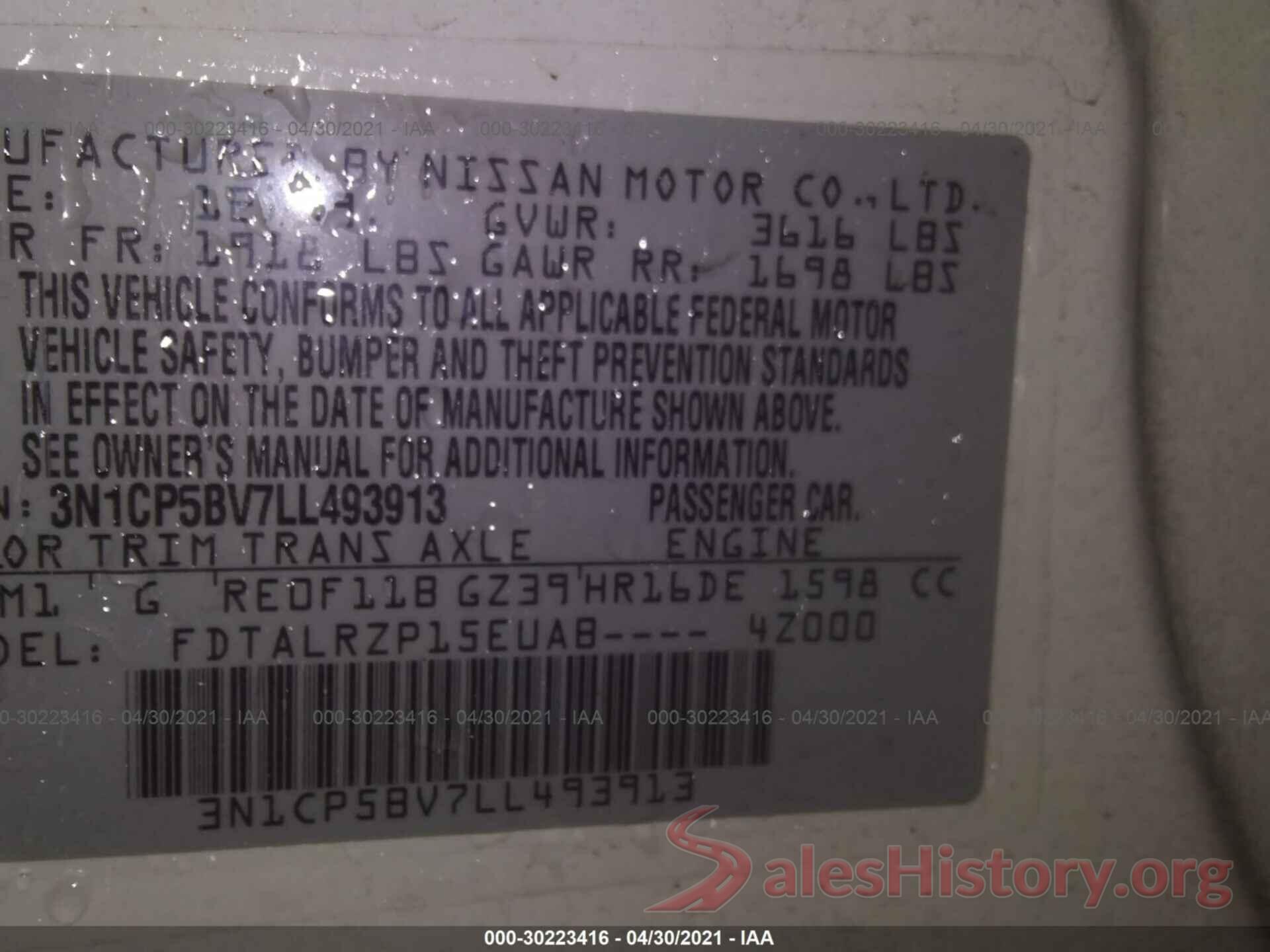 3N1CP5BV7LL493913 2020 NISSAN KICKS