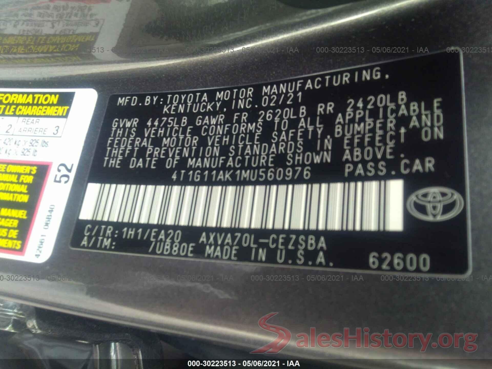 4T1G11AK1MU560976 2021 TOYOTA CAMRY