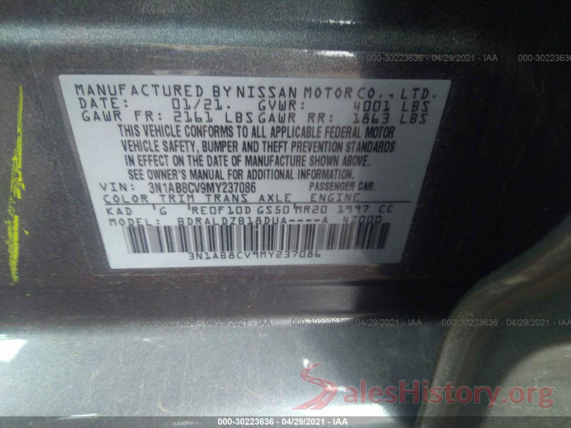 3N1AB8CV9MY237086 2021 NISSAN SENTRA