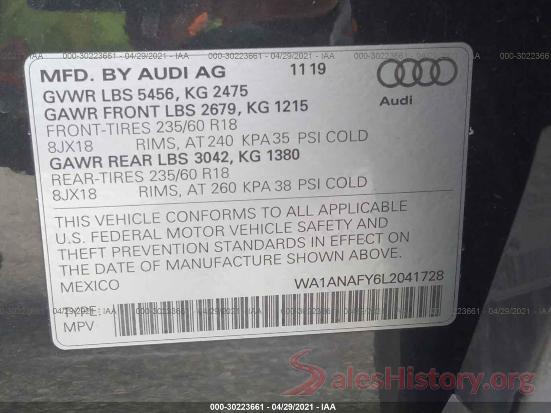 WA1ANAFY6L2041728 2020 AUDI Q5