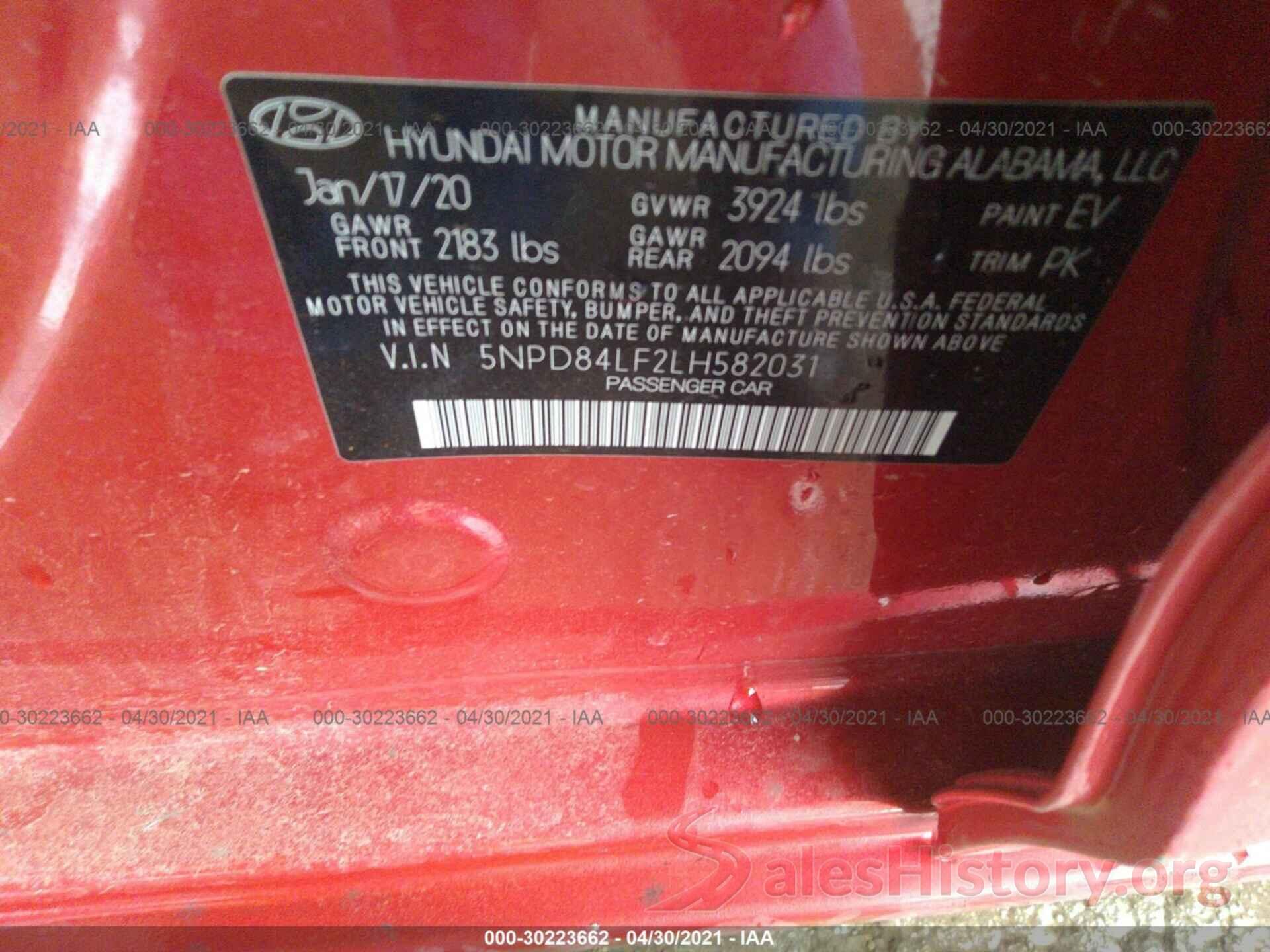 5NPD84LF2LH582031 2020 HYUNDAI ELANTRA