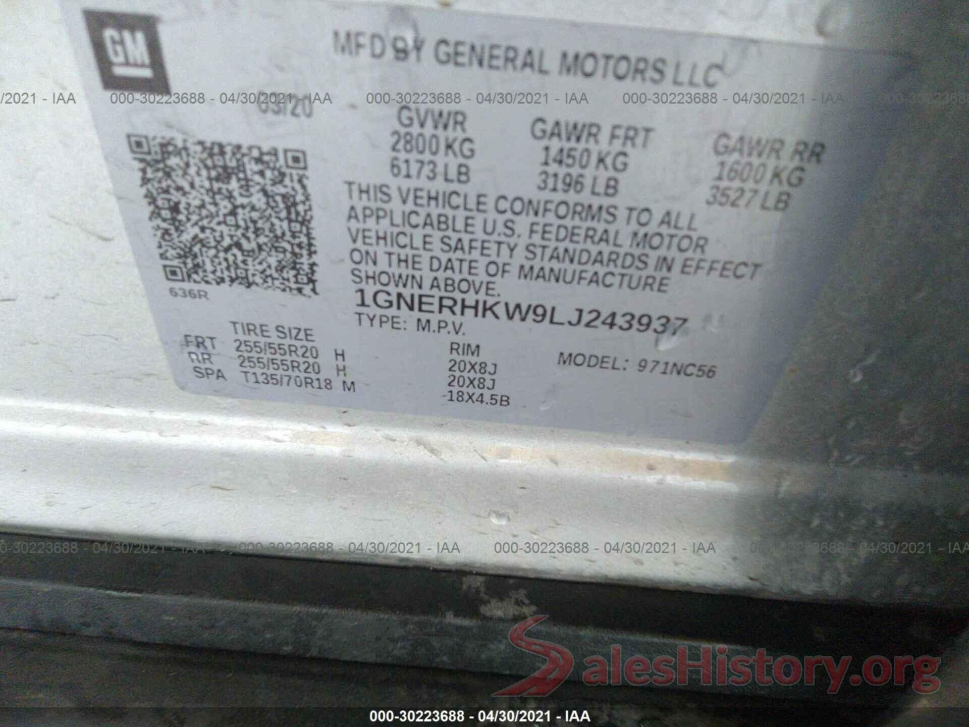 1GNERHKW9LJ243937 2020 CHEVROLET TRAVERSE