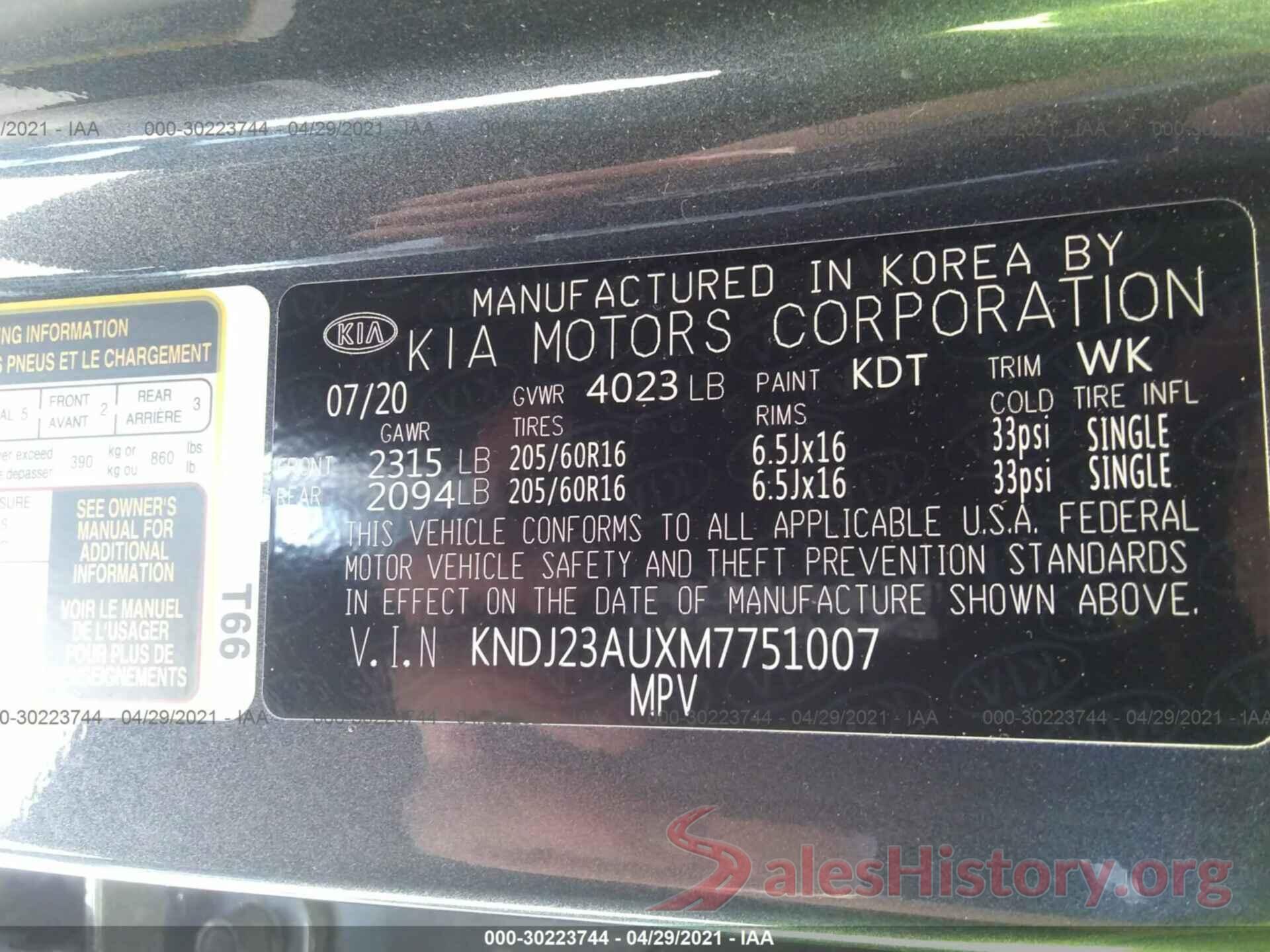 KNDJ23AUXM7751007 2021 KIA SOUL