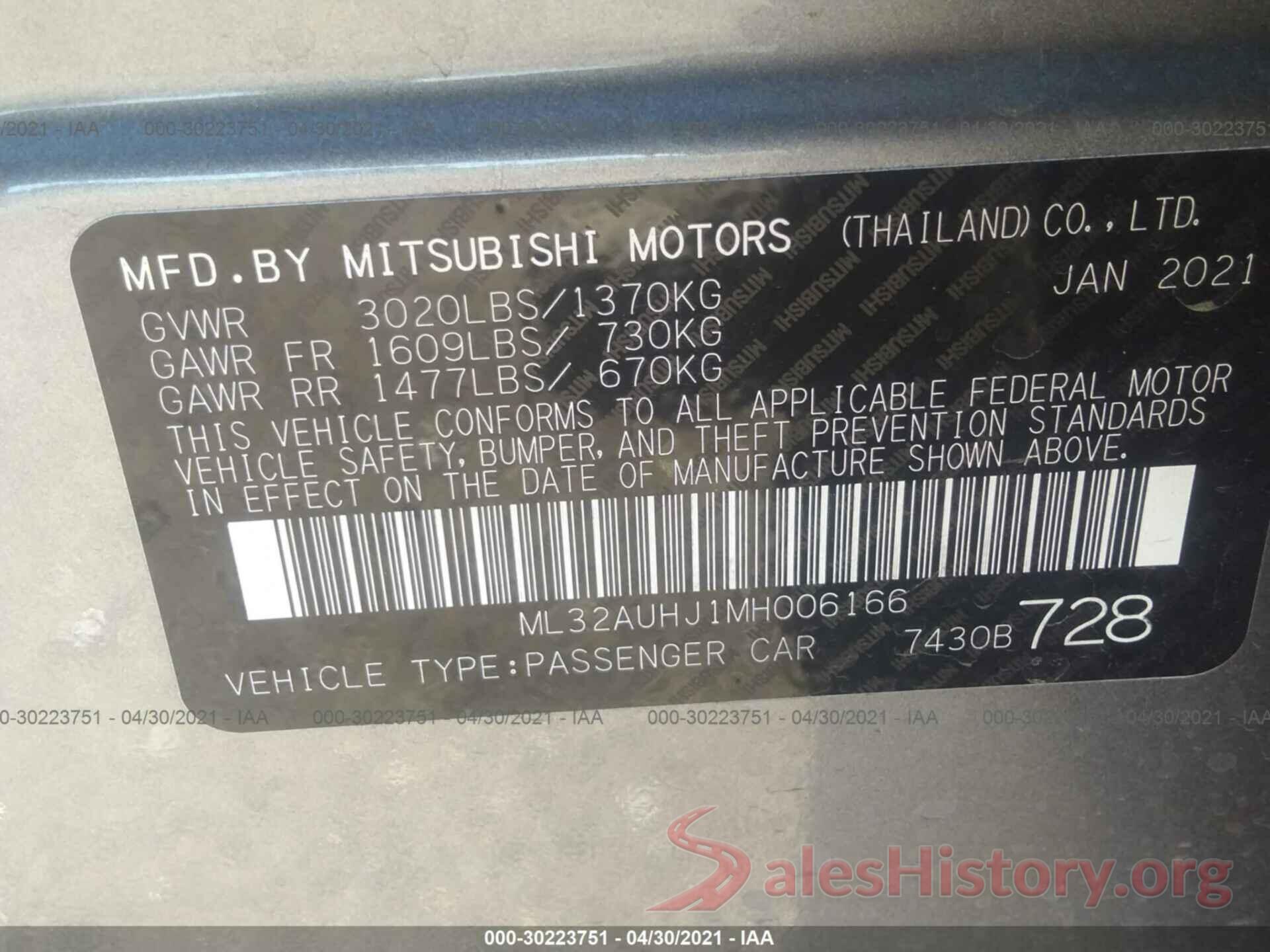 ML32AUHJ1MH006166 2021 MITSUBISHI MIRAGE