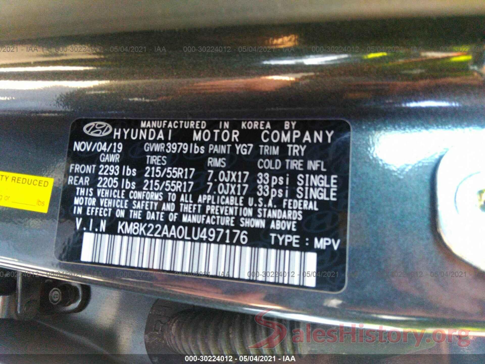 KM8K22AA0LU497176 2020 HYUNDAI KONA