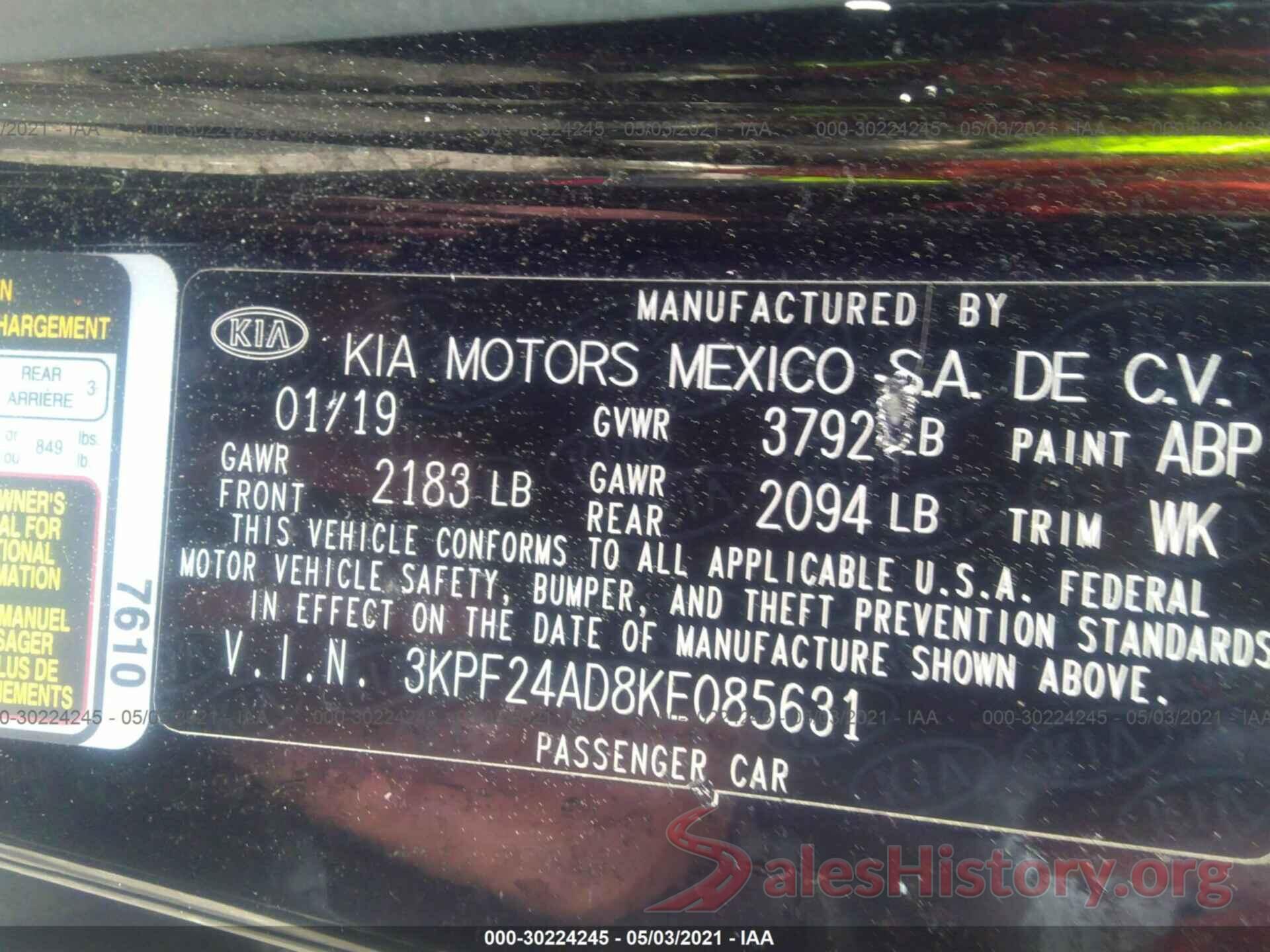 3KPF24AD8KE085631 2019 KIA FORTE