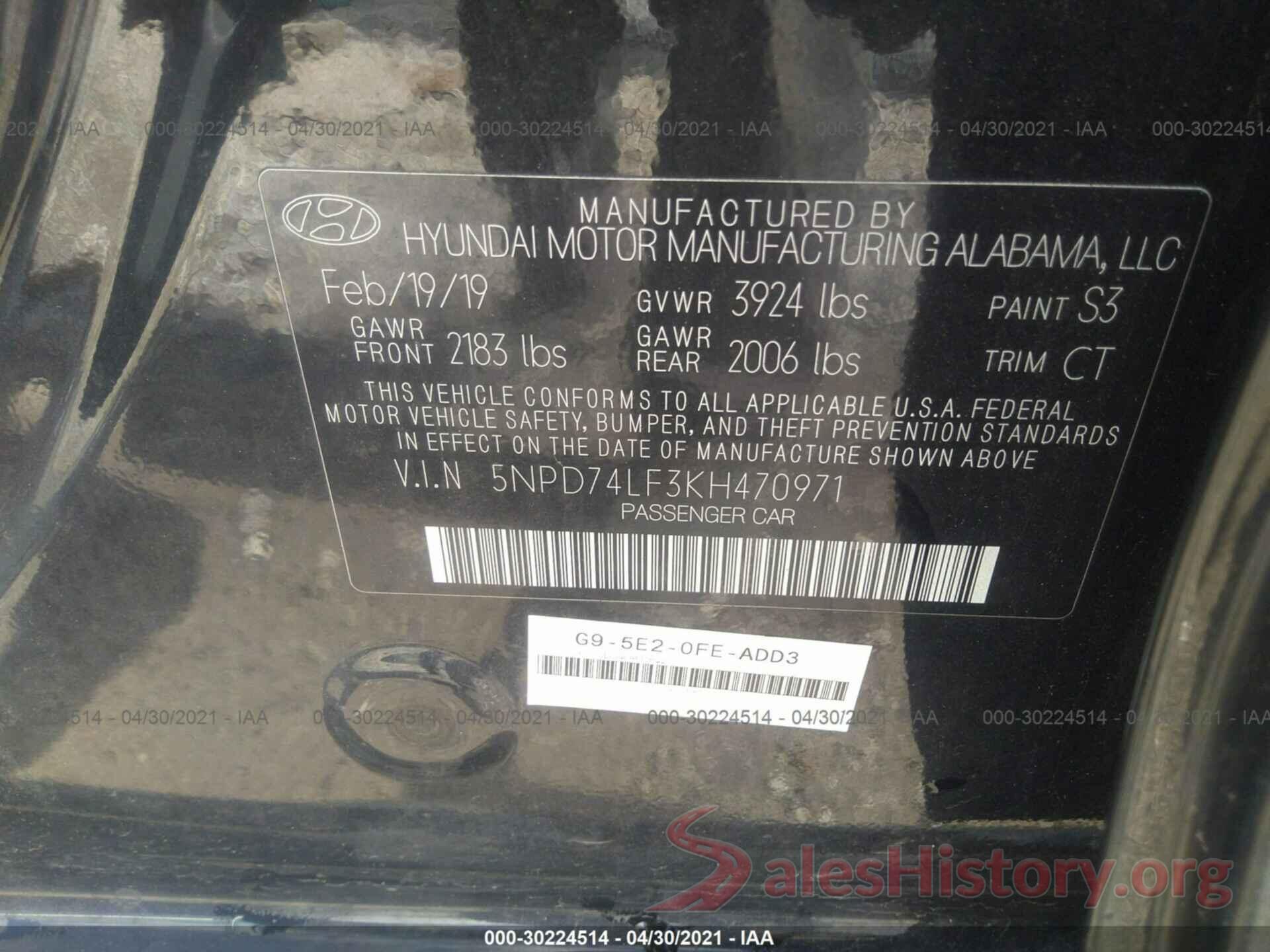 5NPD74LF3KH470971 2019 HYUNDAI ELANTRA