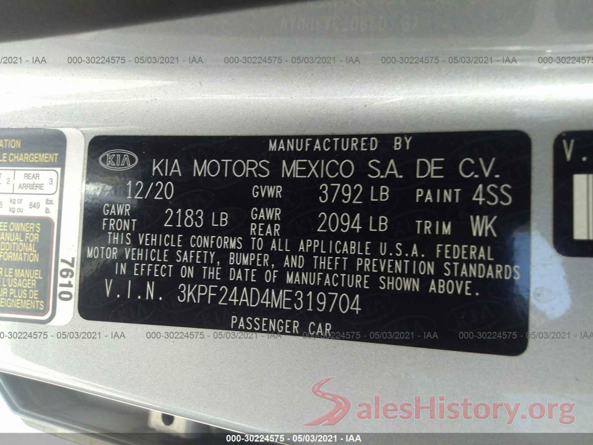 3KPF24AD4ME319704 2021 KIA FORTE