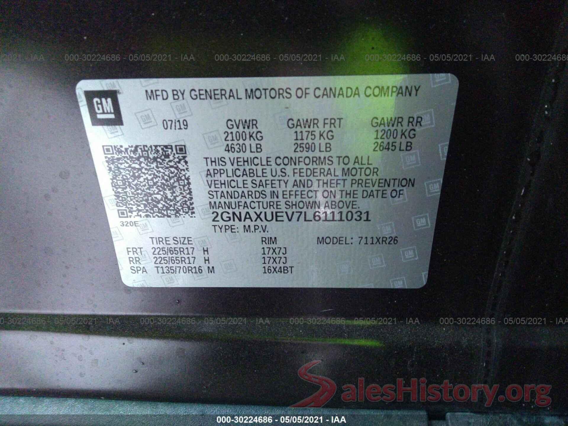 2GNAXUEV7L6111031 2020 CHEVROLET EQUINOX