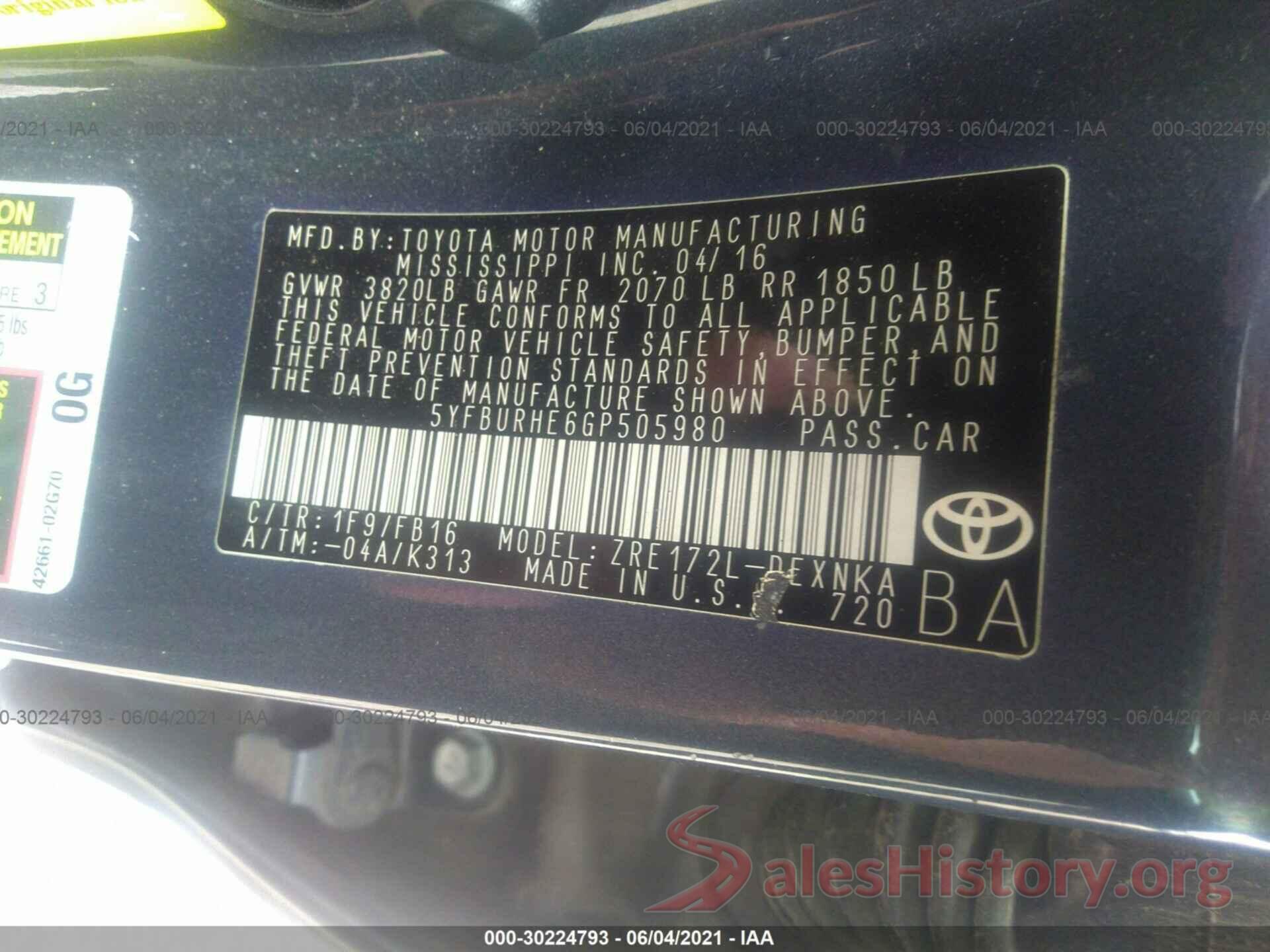 5YFBURHE6GP505980 2016 TOYOTA COROLLA