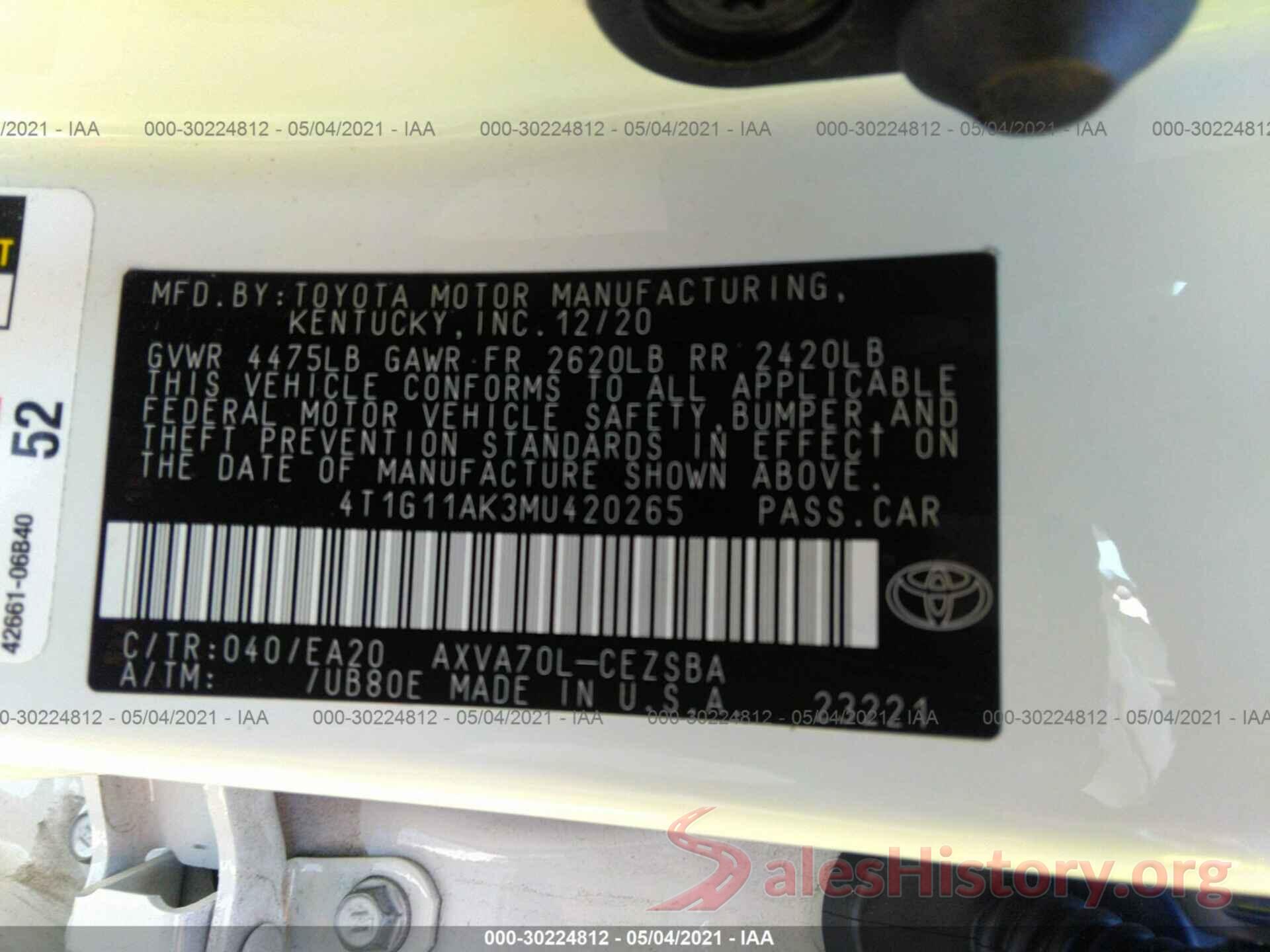 4T1G11AK3MU420265 2021 TOYOTA CAMRY