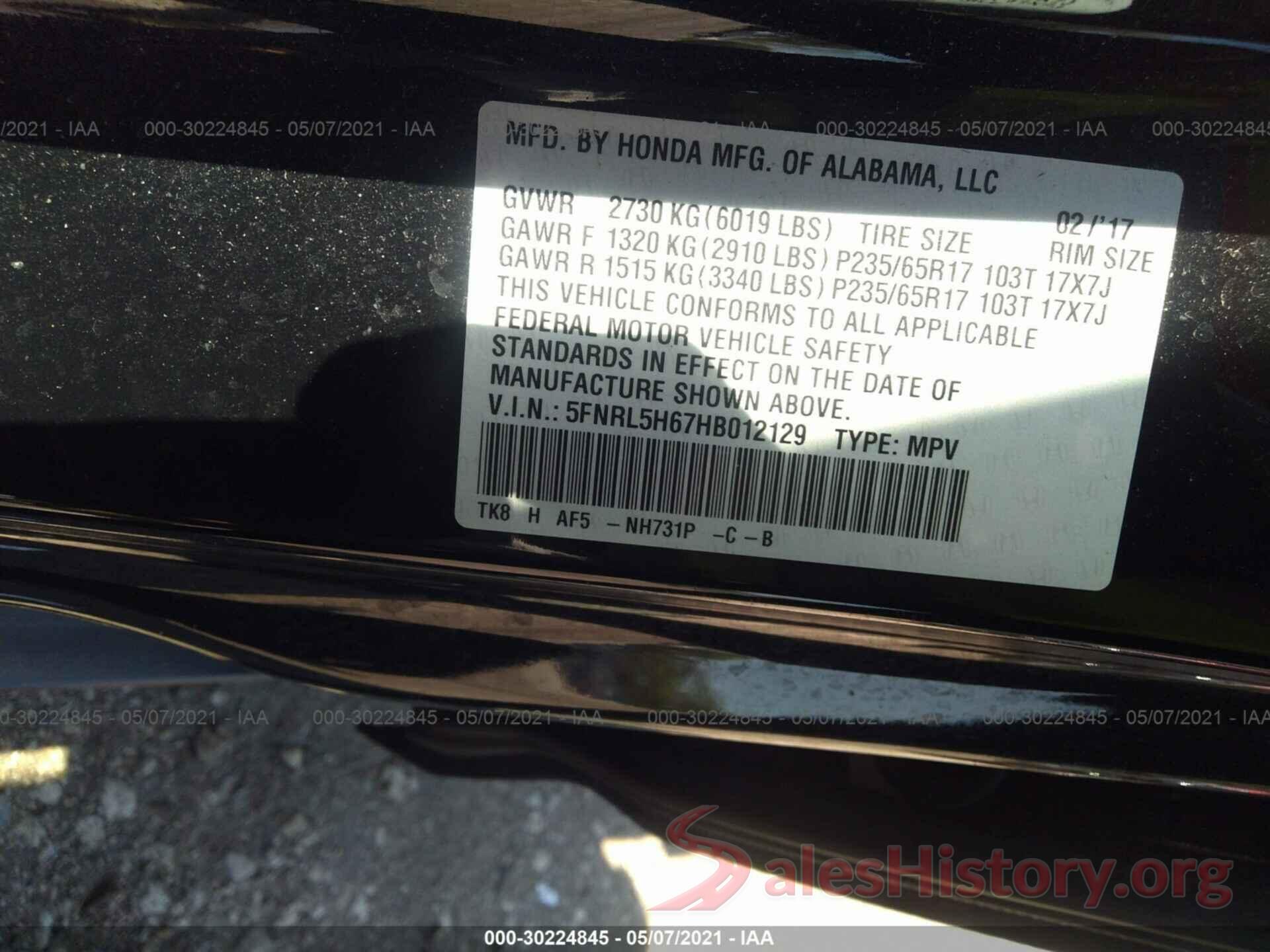 5FNRL5H67HB012129 2017 HONDA ODYSSEY