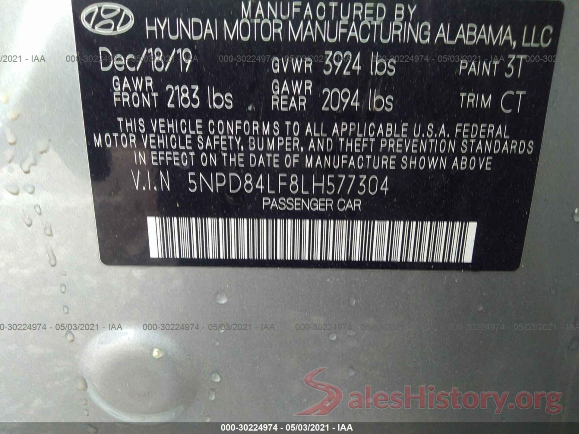 5NPD84LF8LH577304 2020 HYUNDAI ELANTRA