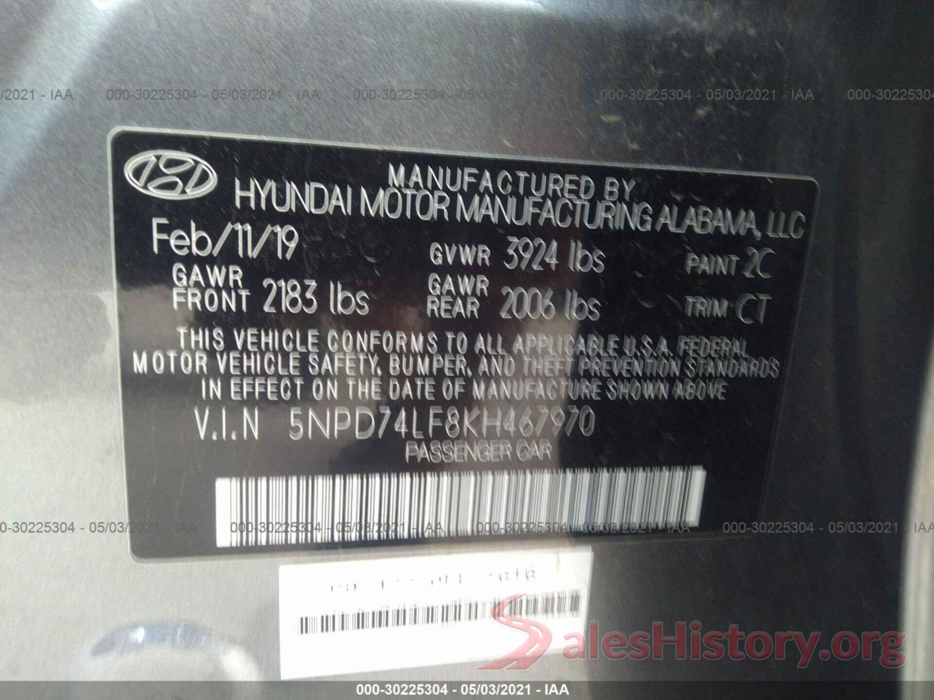 5NPD74LF8KH467970 2019 HYUNDAI ELANTRA