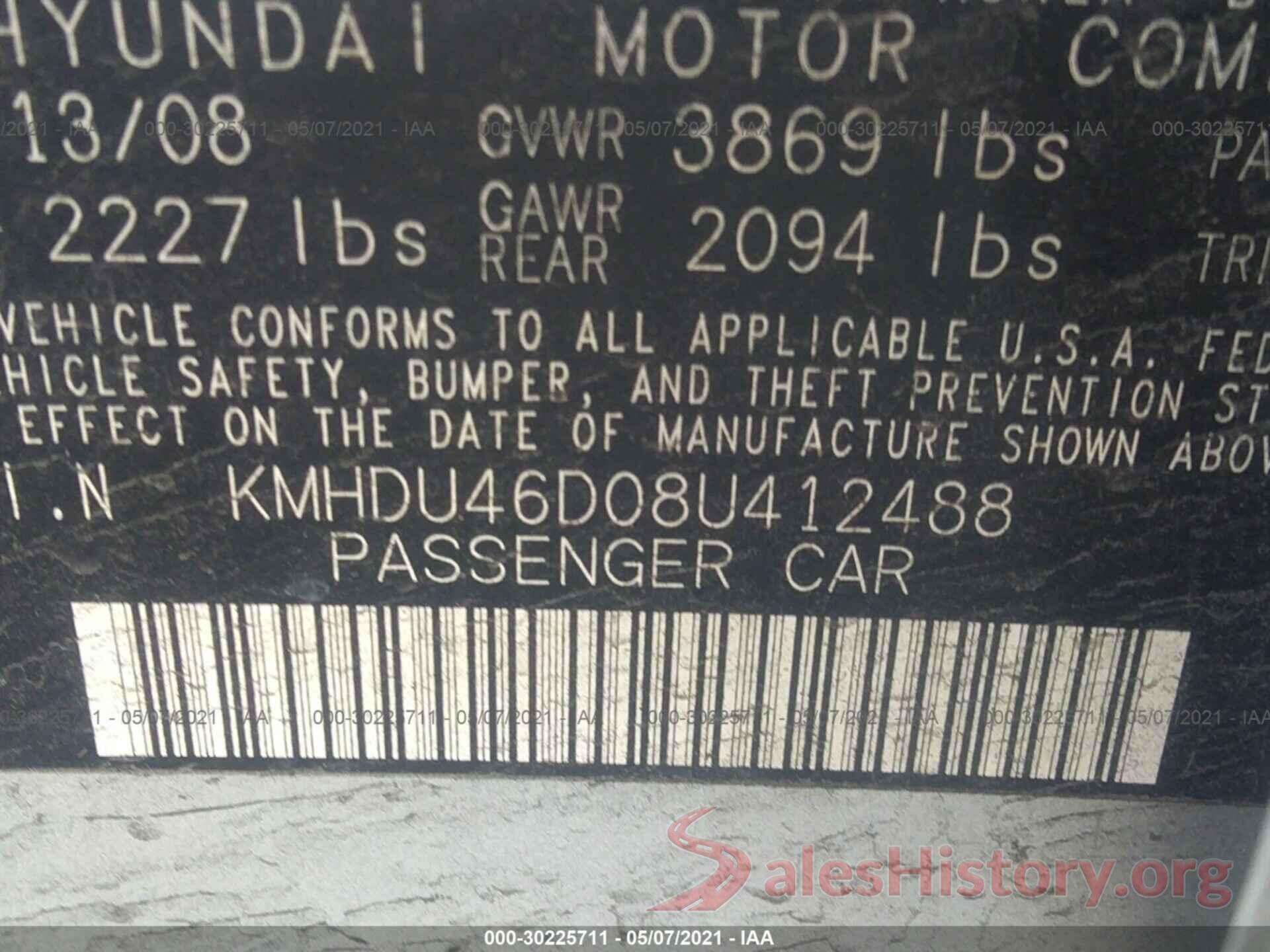 3KPF54AD8KE058551 2008 HYUNDAI ELANTRA