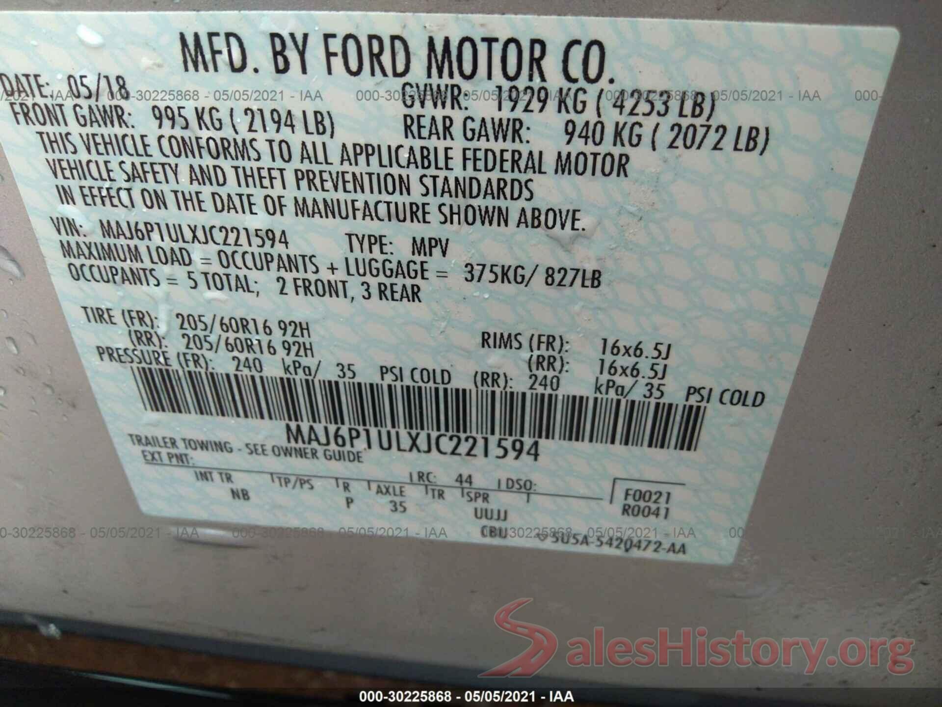 MAJ6P1ULXJC221594 2018 FORD ECOSPORT