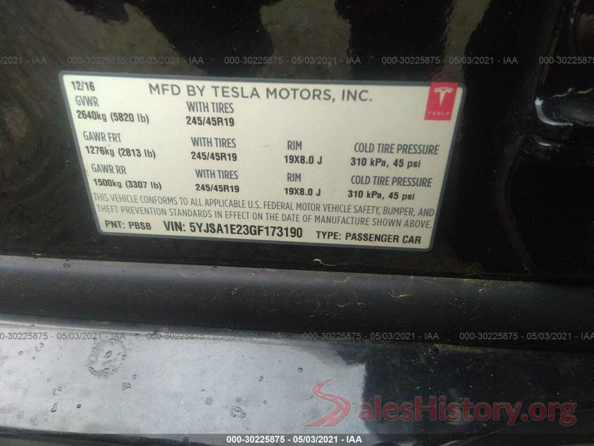 5YJSA1E23GF173190 2016 TESLA MODEL S