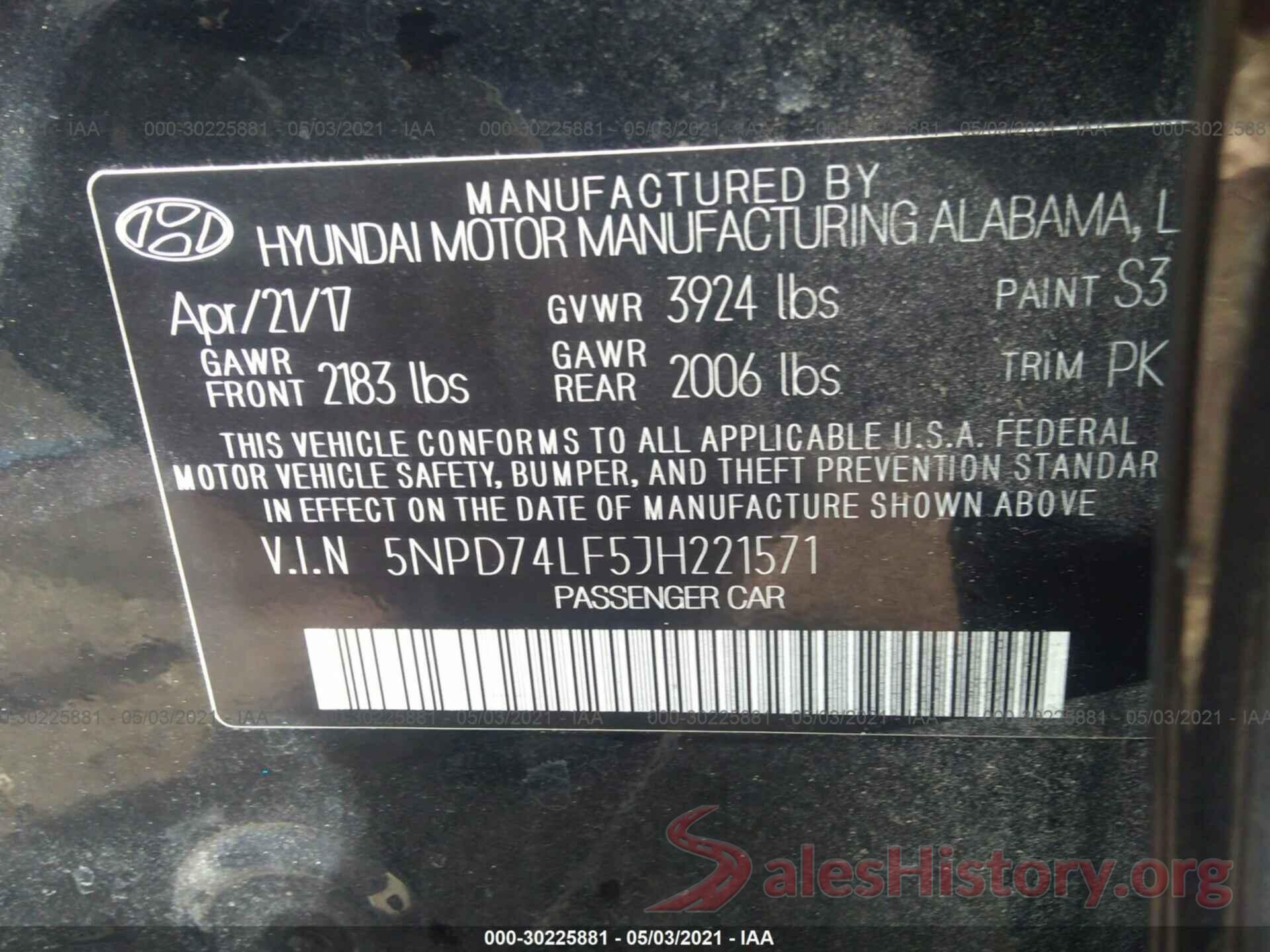 5NPD74LF5JH221571 2018 HYUNDAI ELANTRA